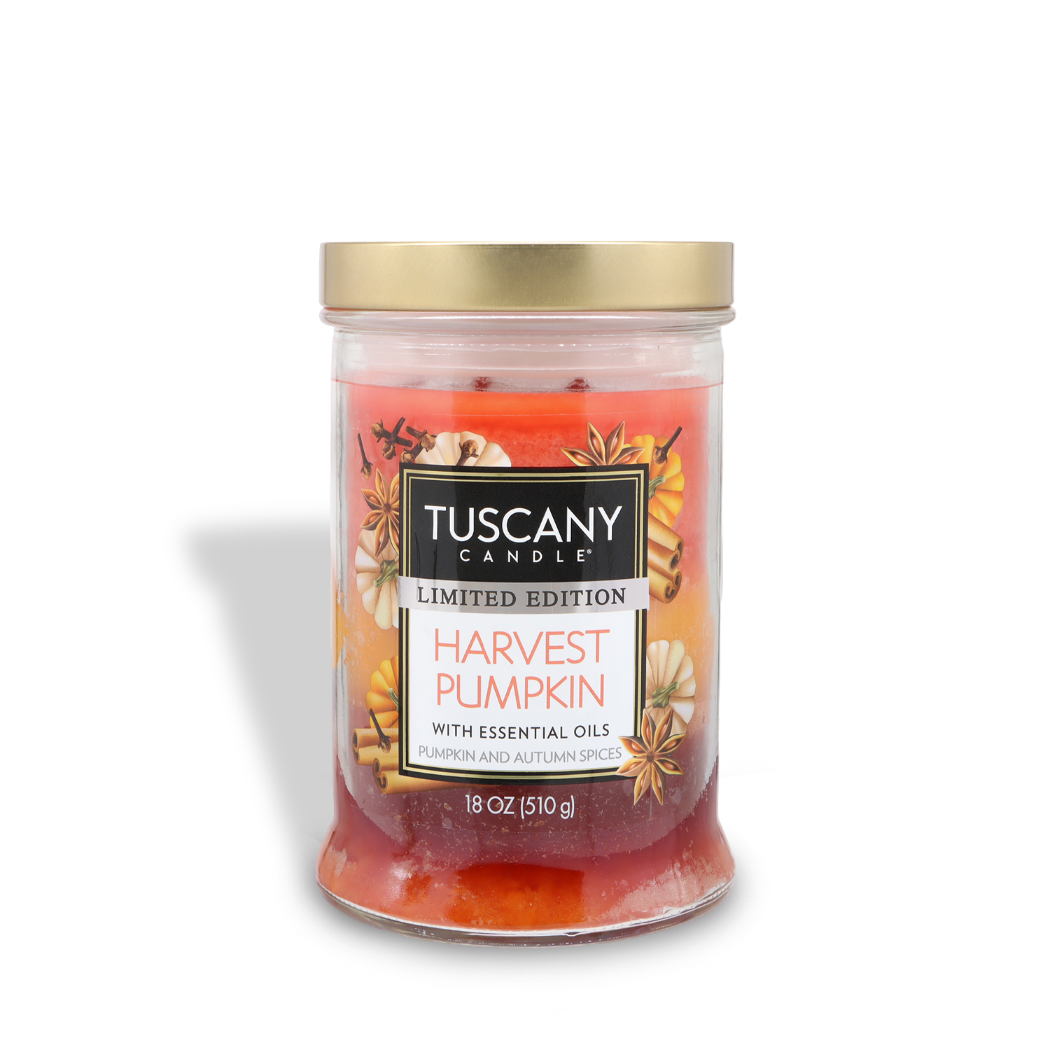 The Tuscany Candle® SEASONAL "Harvest Pumpkin: Nutmeg & Clove Scented Fall Candle" (18 oz) features essential oils, autumn spices, and comes with a gold lid.