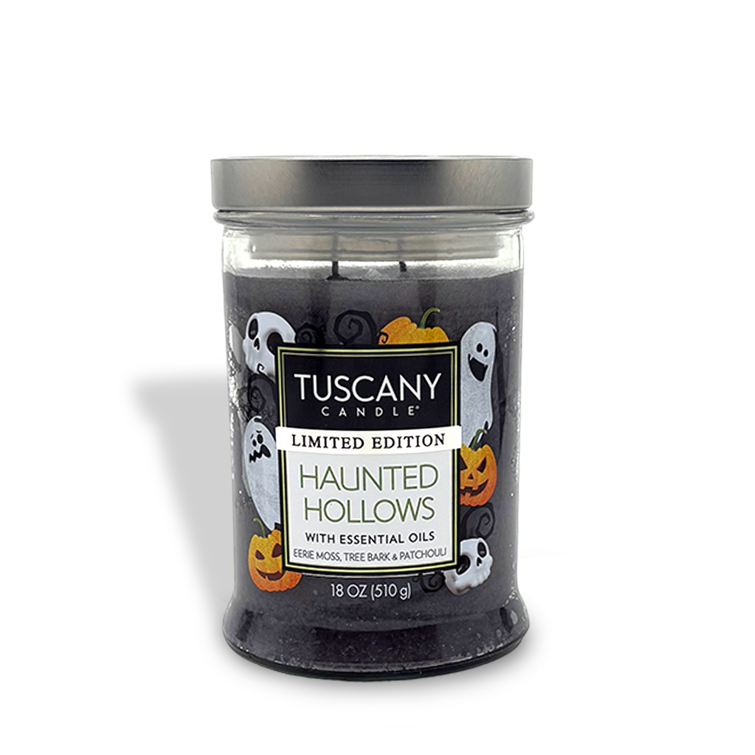 Haunted Hollows: Eerie Moss & Tree Bark by Tuscany Candle® SEASONAL is an 18 oz soy blend Halloween candle in a glass jar, featuring ghost and pumpkin art and infused with essential oils for a festive touch.