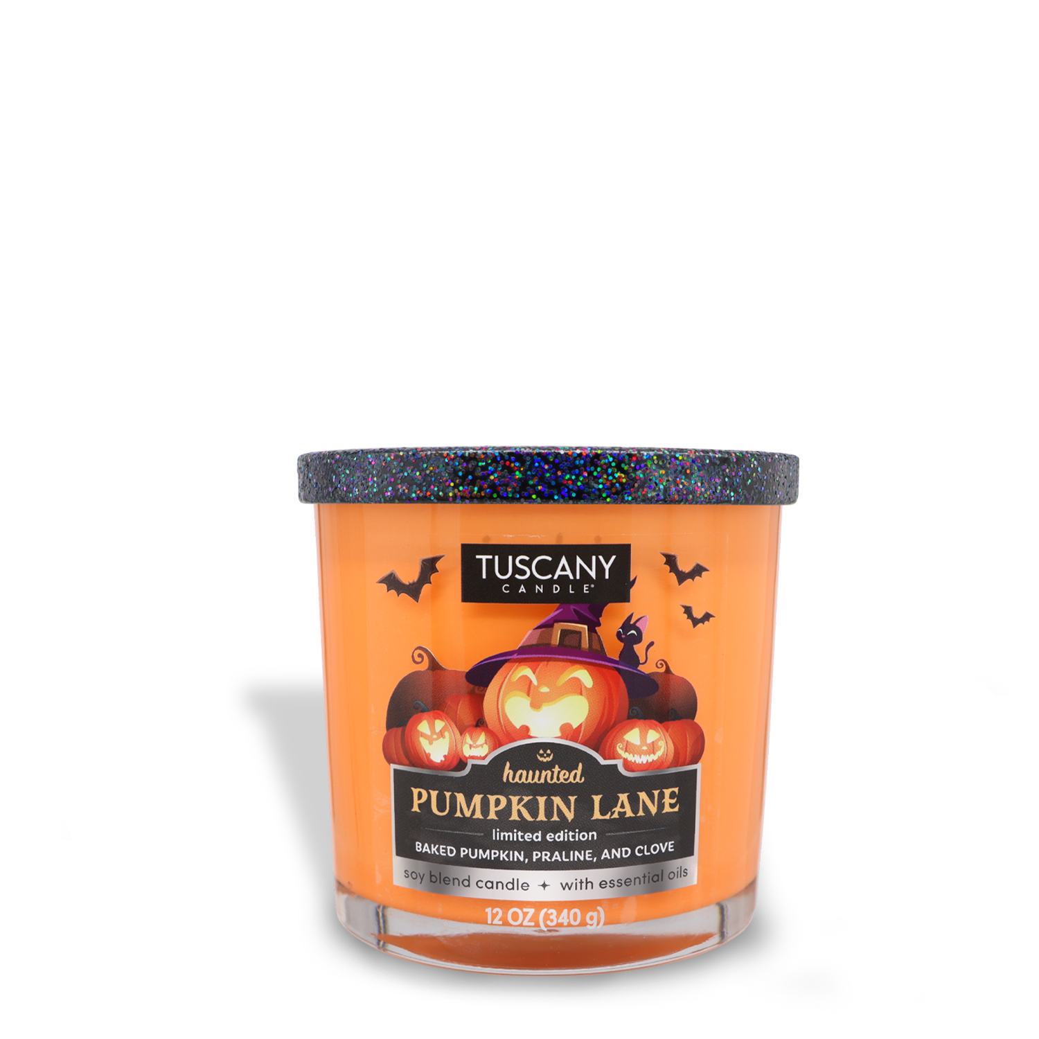 A 12 oz Haunted Pumpkin Lane Long-Lasting Scented Jar Candle from Tuscany Candle® SEASONAL. The label features cartoon pumpkins and bats, with a glittery black lid. This scented jar candle boasts fragrance notes of baked pumpkin, praline, and clove.