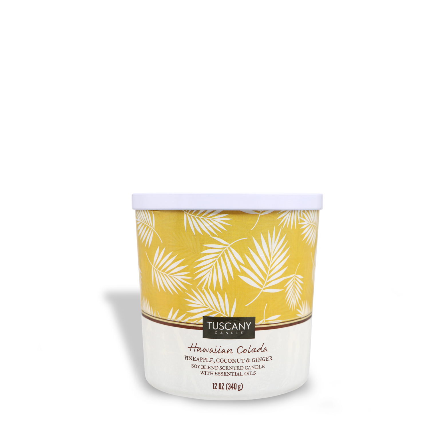 Container of Hawaiian Colada scented candle with pineapple, coconut, and ginger notes from the Tuscany Candle® SEASONAL Island Retreat Collection.