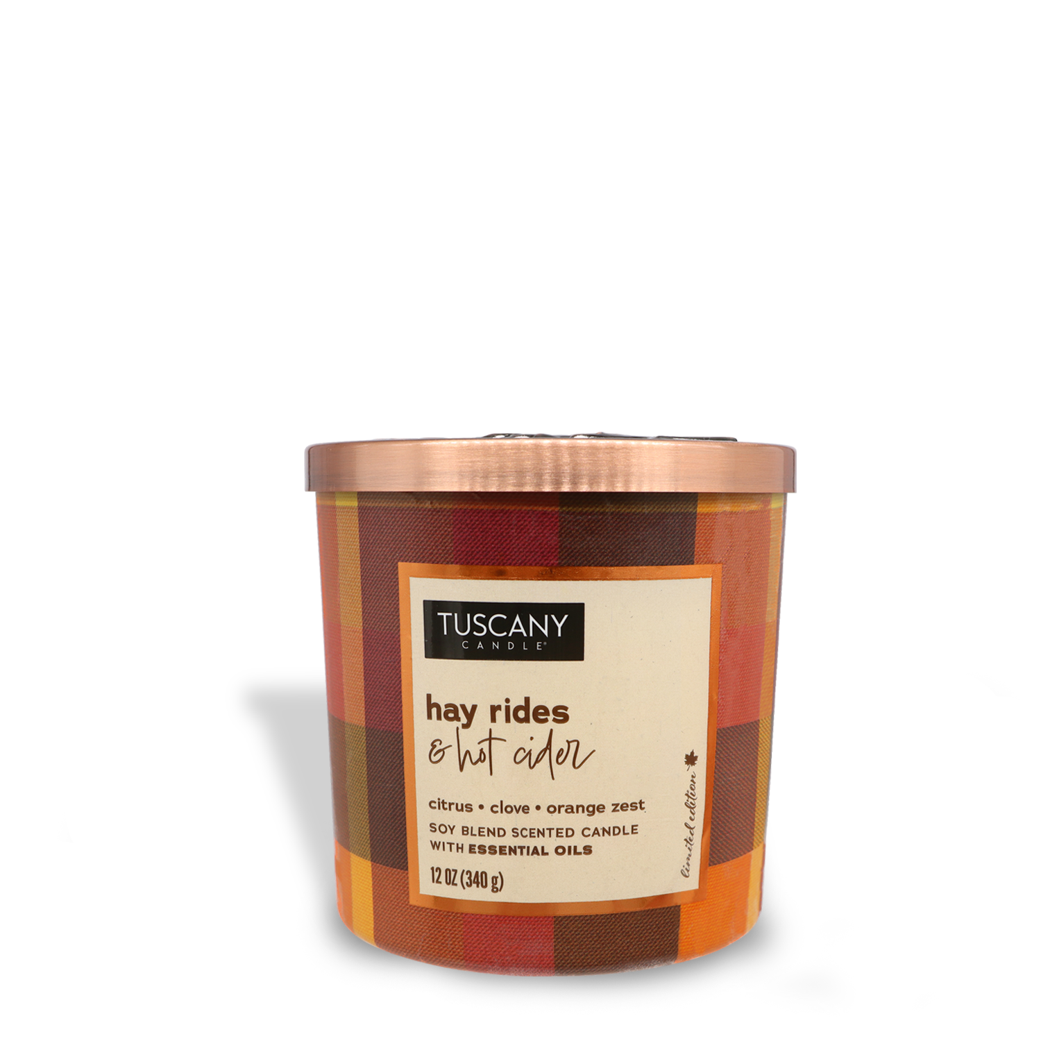 Introducing the 12 oz "Hay Rides & Hot Cider" Long-Lasting Scented Jar Candle by Tuscany Candle® SEASONAL. Part of the cozy Autumn Flannels Collection, this Autumn Amber Candle features an inviting blend of spiced orange, clove, and citrus essential oils, all housed in a charming plaid-designed jar.