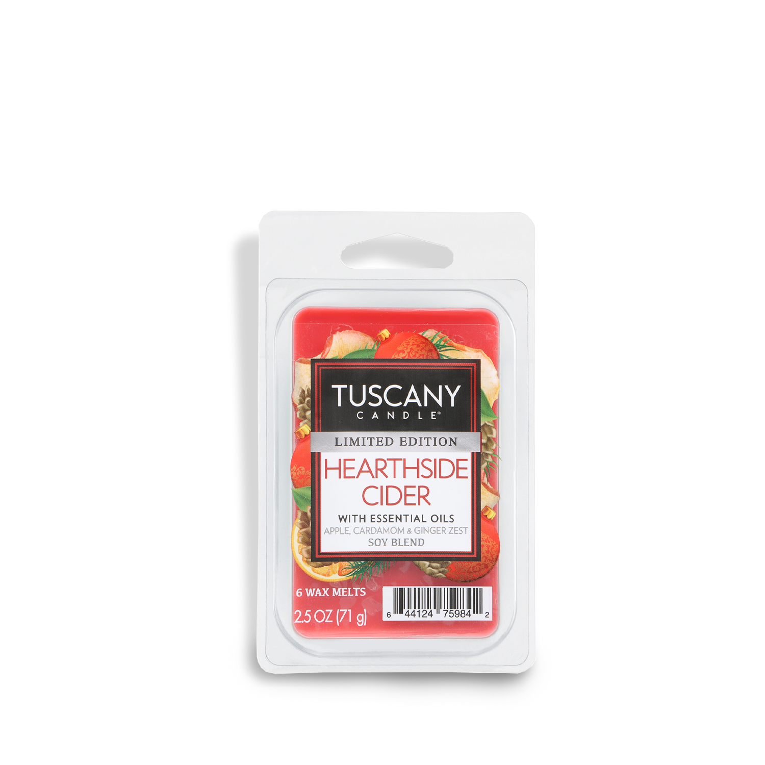 A 2.5 oz Tuscany Candle® SEASONAL Hearthside Cider: Spiced Apple Cider Scented Holiday Wax Melt, in clear packaging, features a limited edition holiday blend of apple, caramel, and ginger zest aromas.