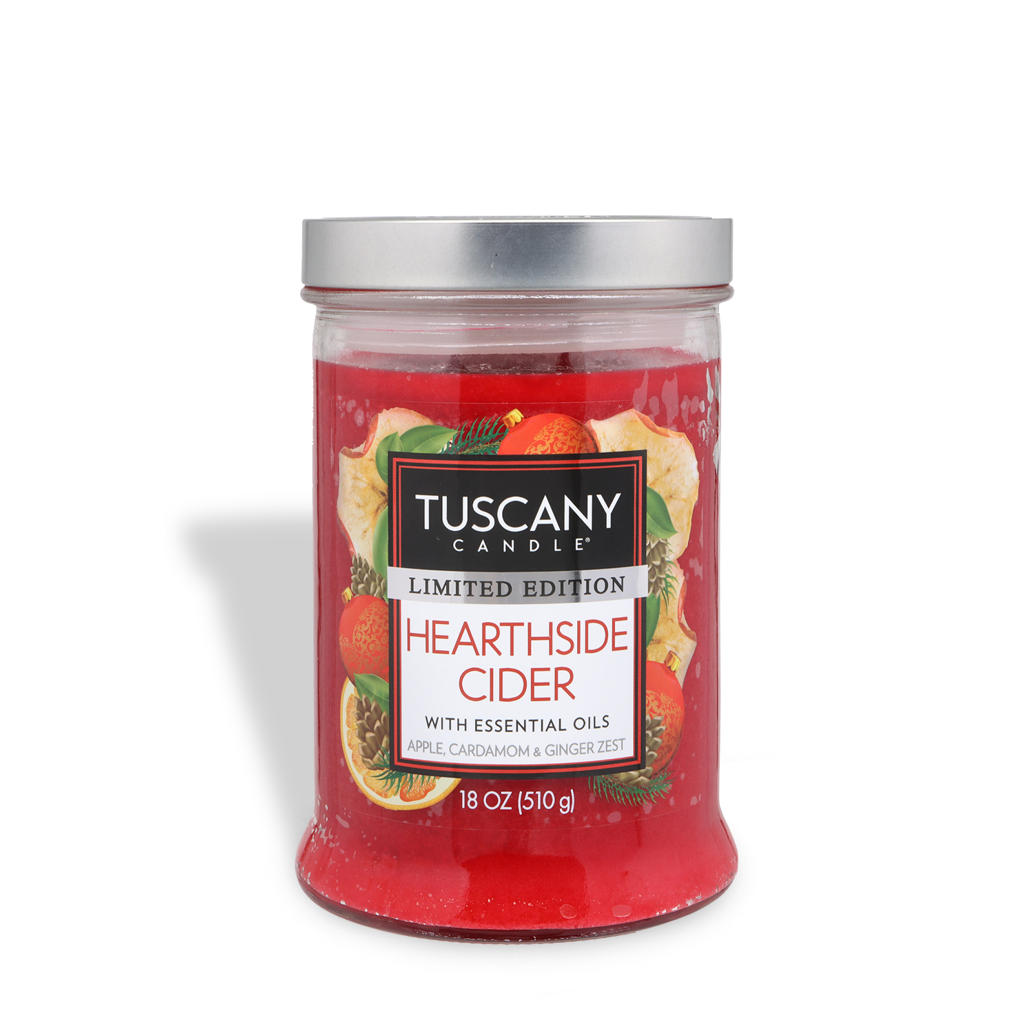 The Tuscany Candle® SEASONAL Hearthside Cider: Spiced Apple Cider Scented Holiday Candle (18 oz) features apple, cardamom, ginger zest, essential oils, a silver lid, and festive holiday fragrance.