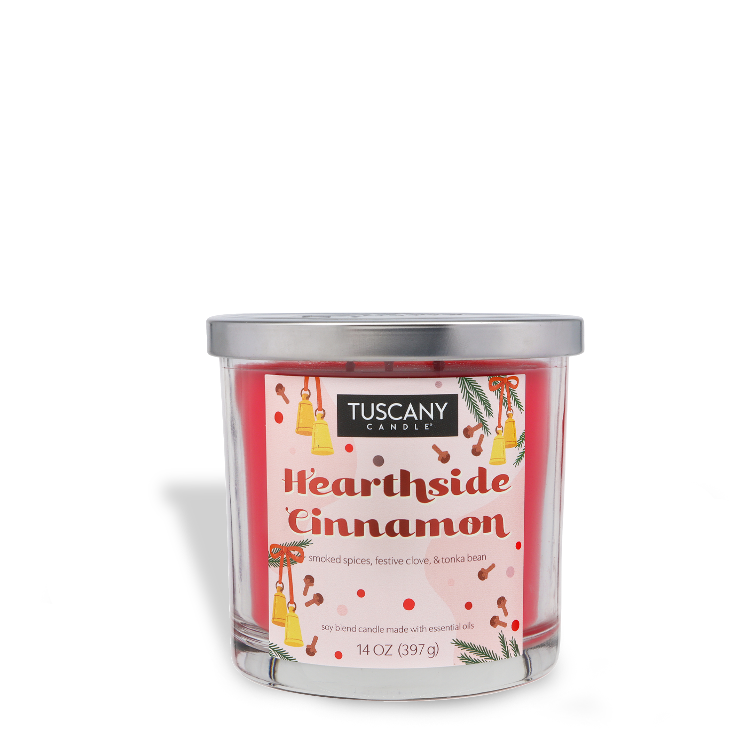 The Tuscany Candle® SEASONAL Hearthside Cinnamon Scented Holiday Candle (14 oz) features festive graphics on a pink background and comes with a silver lid.