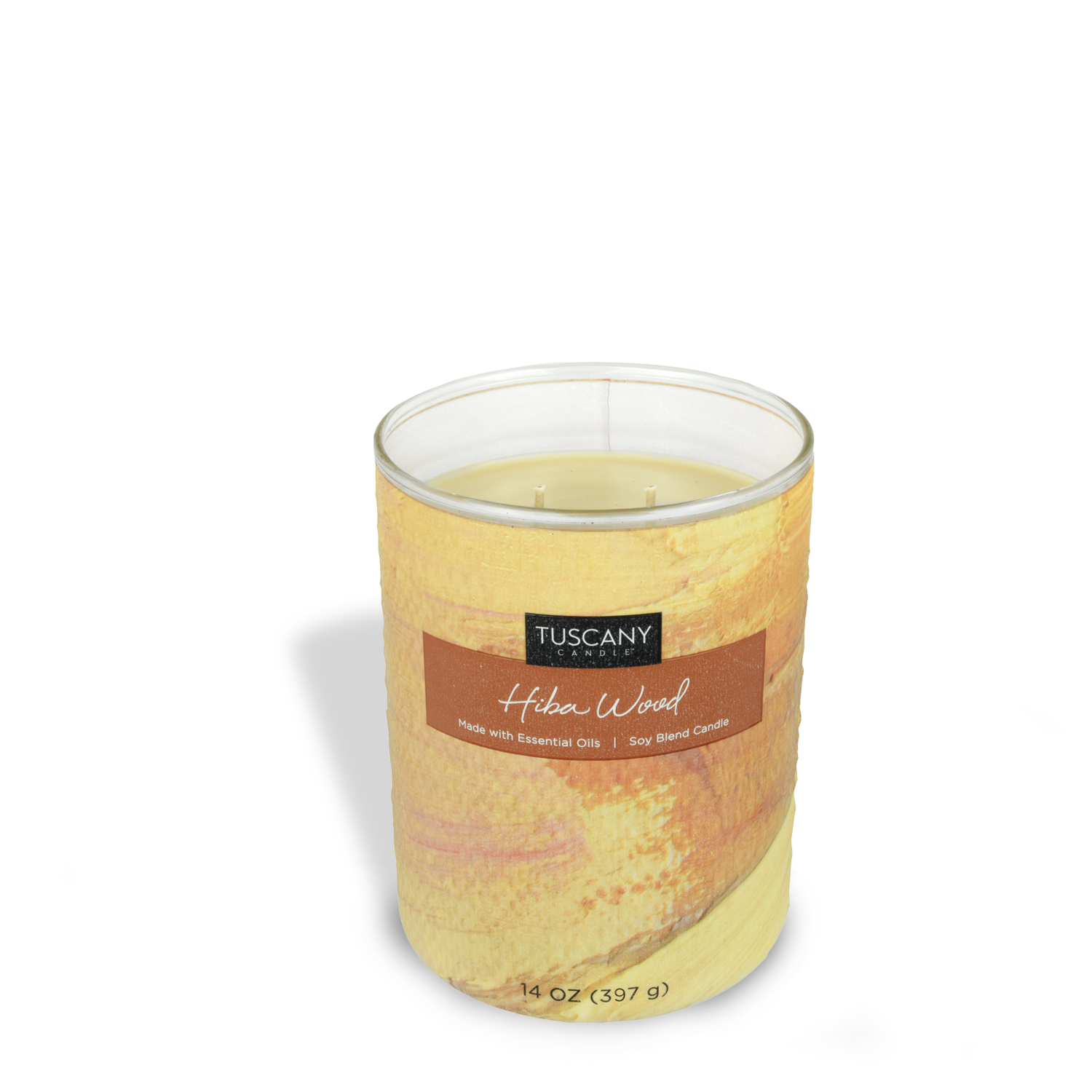 A Hiba Wood Scented Jar Candle (14 oz) – Home Décor Collection by Tuscany Candle with a yellow background.