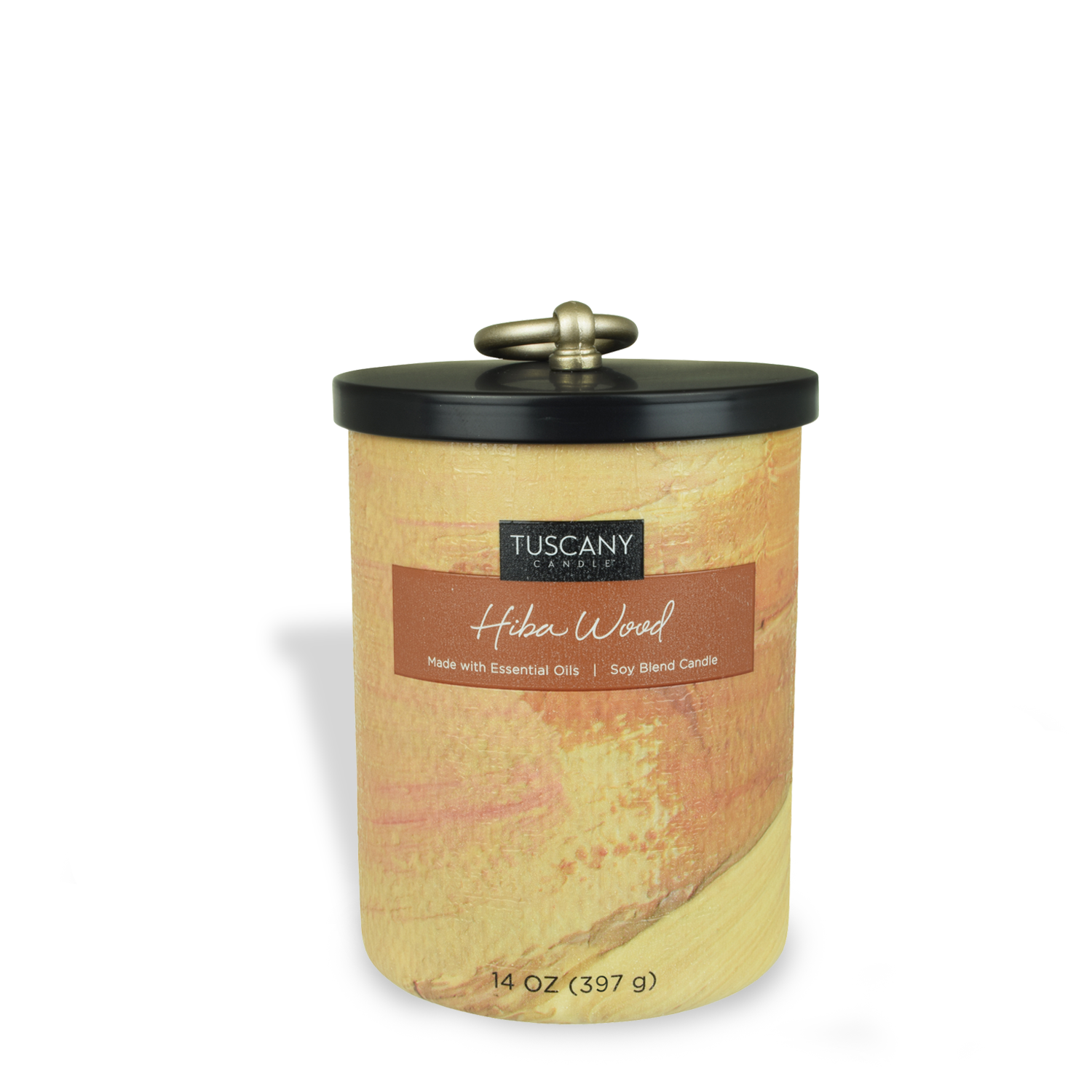 A Tuscany Candle Hiba Wood Scented Jar Candle (14 oz) - Home Décor Collection in a tin on a white background.