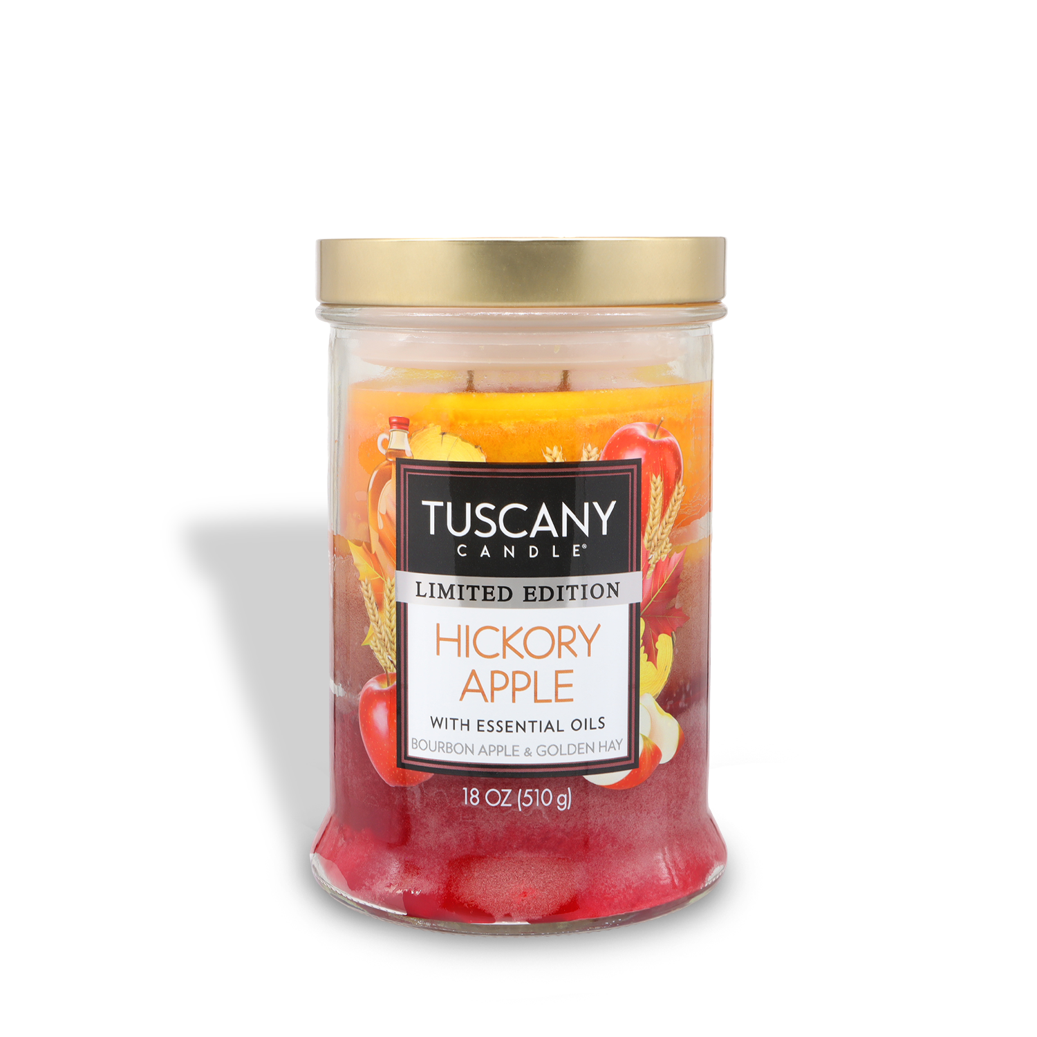 An 18 oz glass jar of Tuscany Candle® SEASONAL Hickory Apple: Bourbon & Maple Syrup scented fall candle with a gold lid and decorative fruit design.