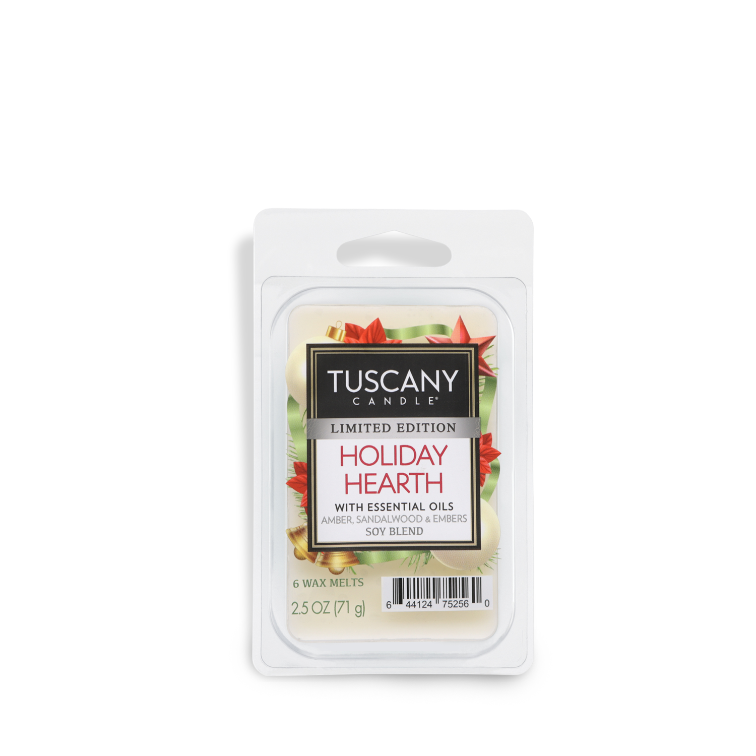 A package of Tuscany Candle® SEASONAL wax melts in the "Holiday Hearth" scent. The packaging is white with a holiday-themed label, indicating 2.5 oz of product and featuring essential oils of amber, sandalwood, and embers.