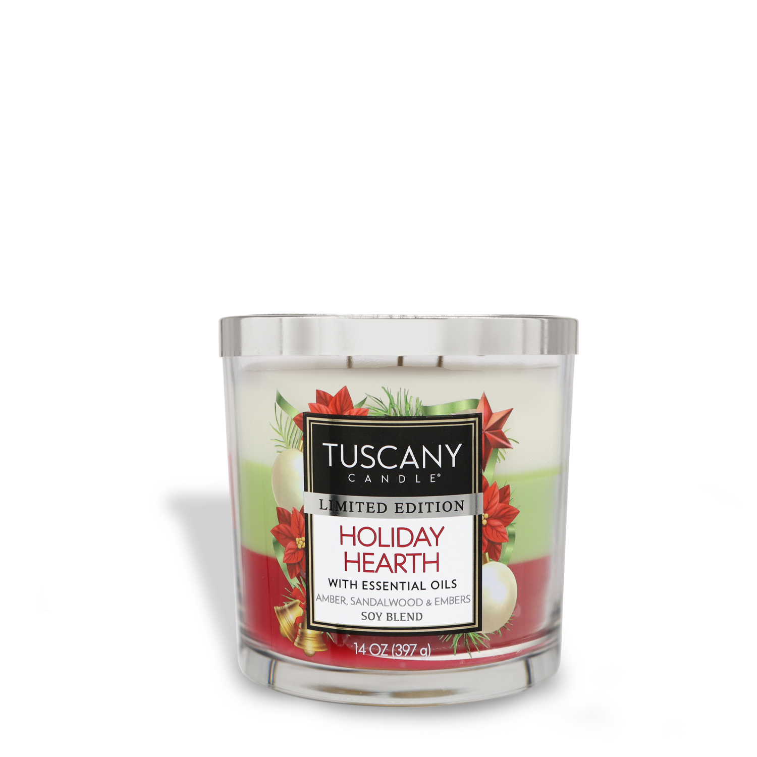 The Tuscany Candle® SEASONAL Holiday Hearth Long-Lasting Scented Jar Candle (14 oz) is an essential oil-infused candle featuring amber, sandalwood, and embers scents. It comes in a glass container adorned with a red and white label and a festive design.