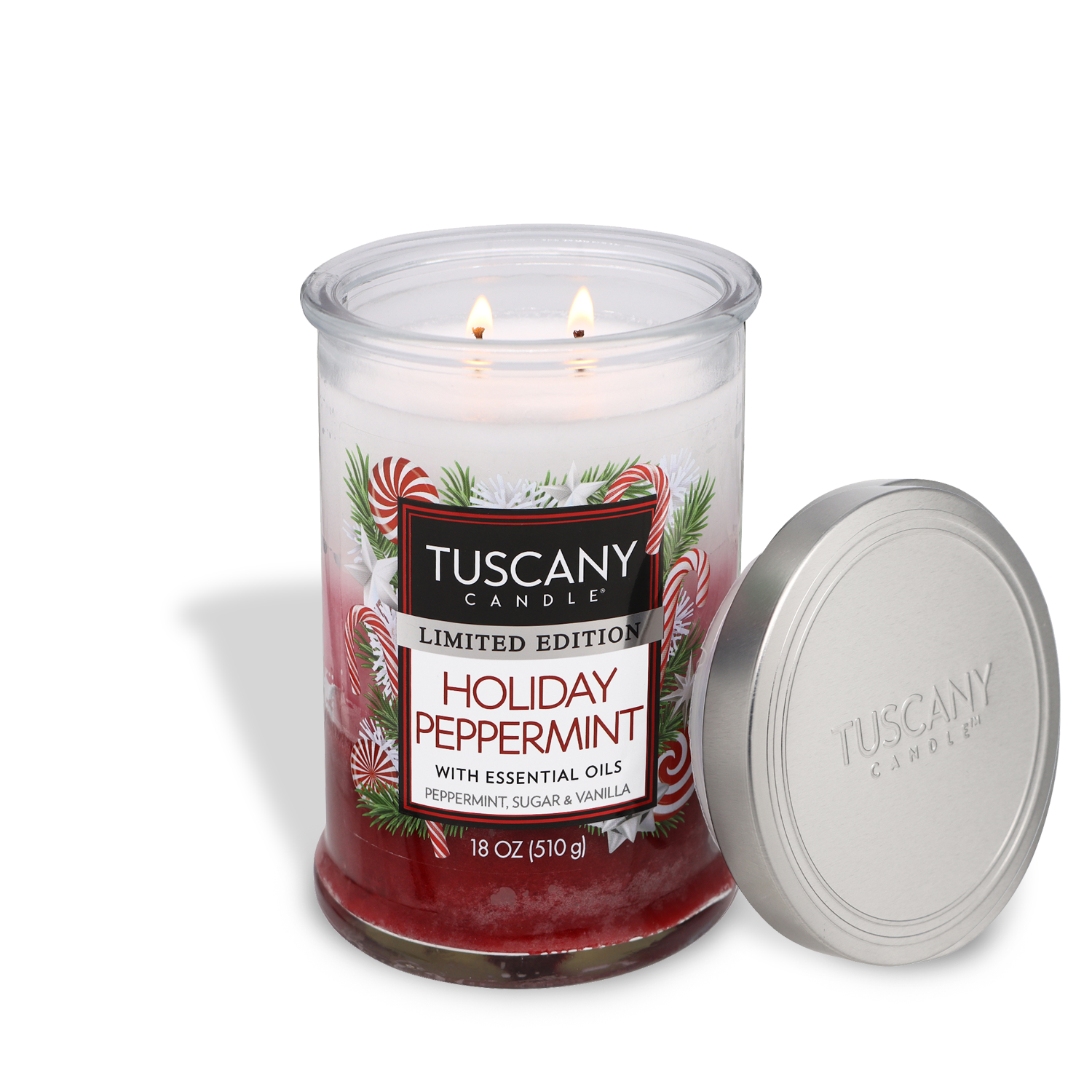 18oz 'Holiday Peppermint' scented candle with layered multi-colored wax, emitting a soft glow and radiating the festive aroma of Christmas candy canes.