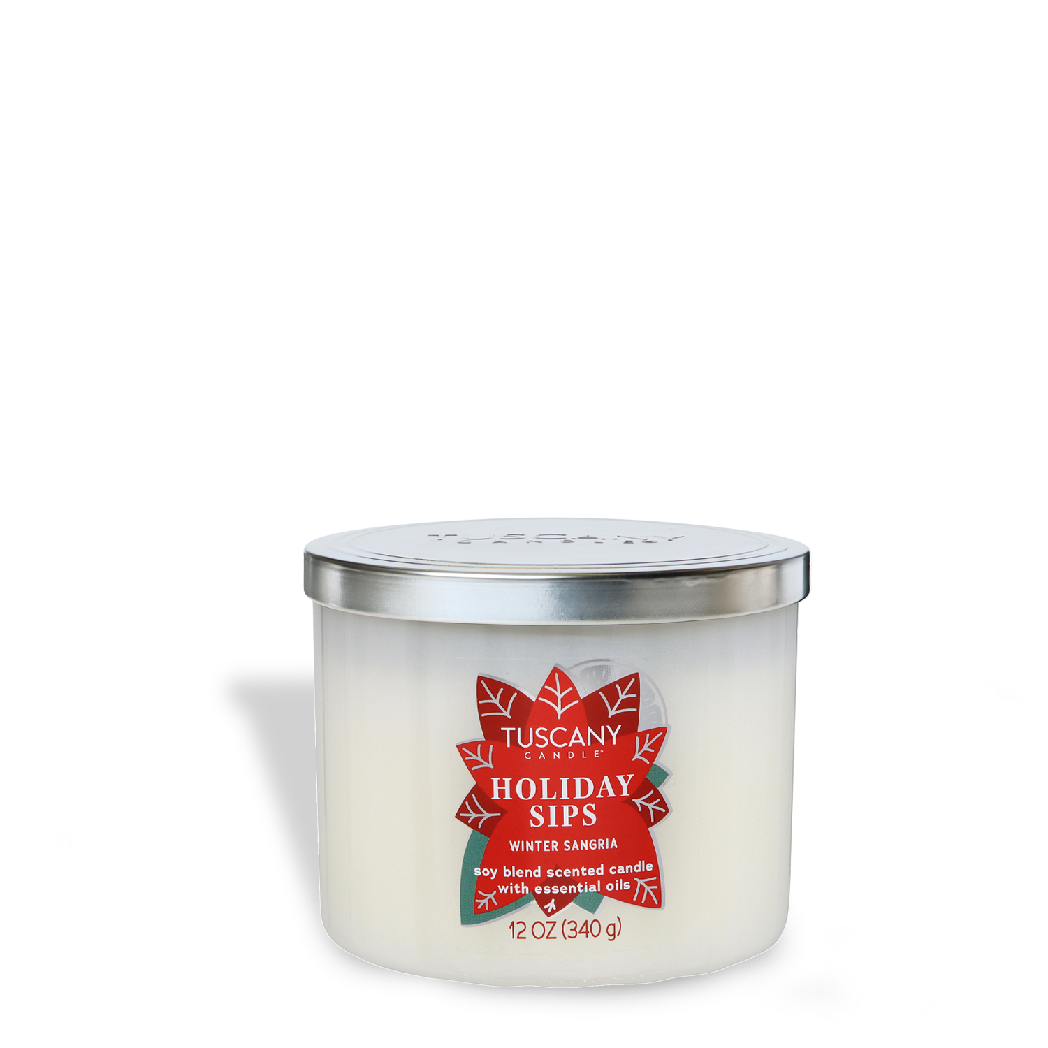 The Tuscany Candle® SEASONAL Holiday Sips: Winter Sangria Scented Holiday Candle (12 oz), part of the Winter Icons Collection, features a white three-wick design in a frosted glass jar with a silver lid.