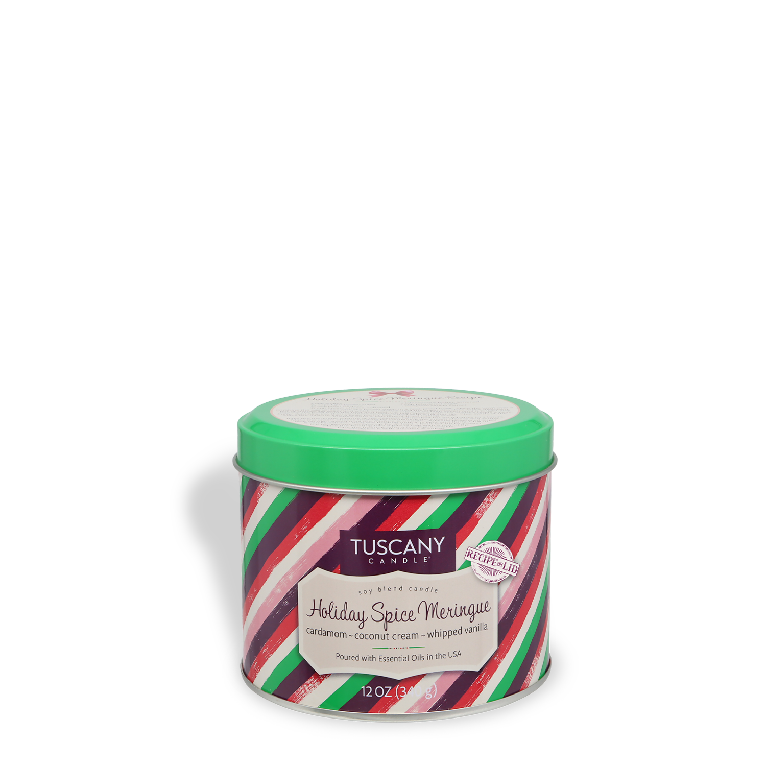 A 12 oz Tuscany Candle® SEASONAL "Holiday Spice Meringue: Cardamom & Vanilla" scented candle from the Bakery Tins Collection, featuring a green lid and striped red, green, and white tin.