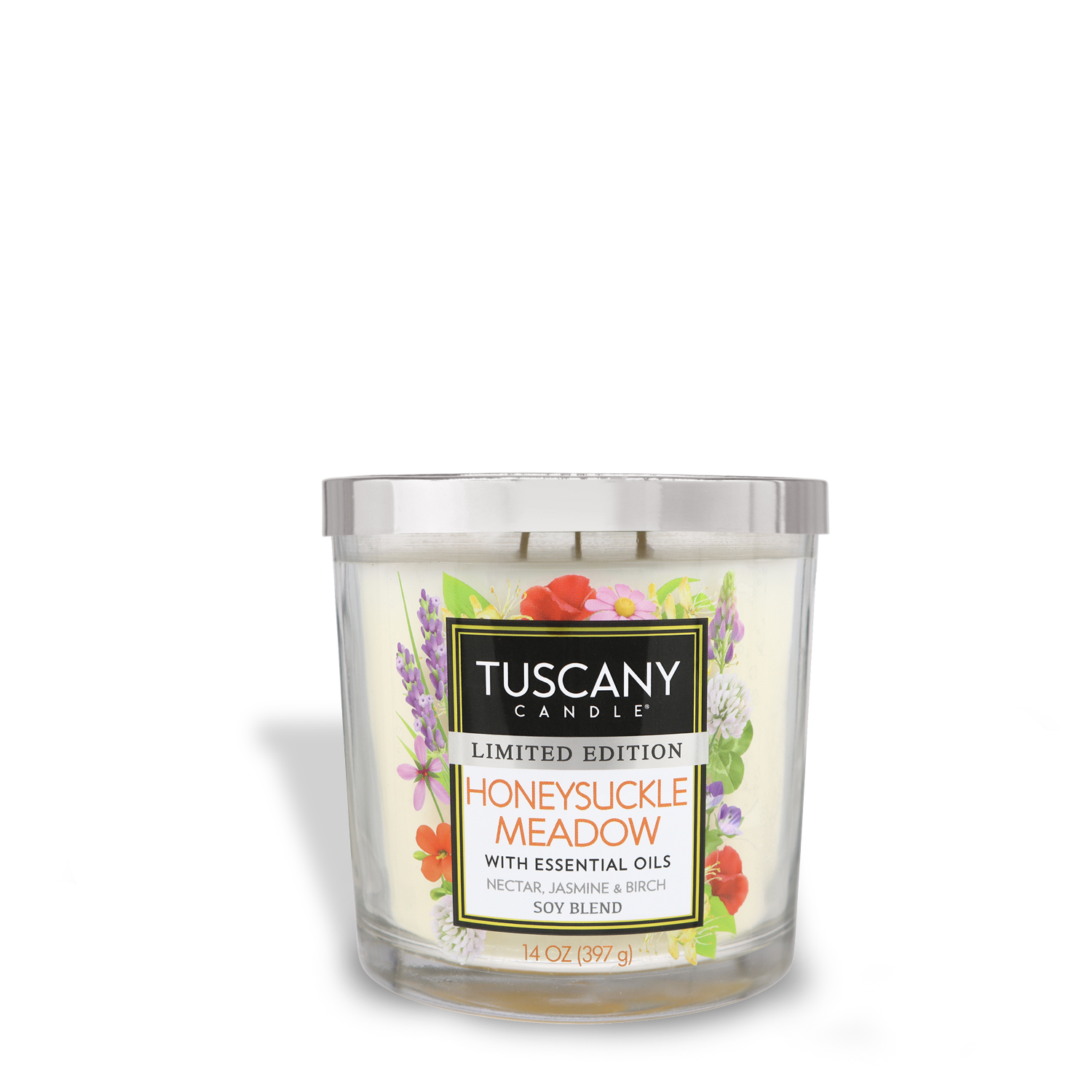 A Tuscany Candle® SEASONAL Honeysuckle Meadow Long-Lasting Scented Jar Candle (14 oz) with essential oils.