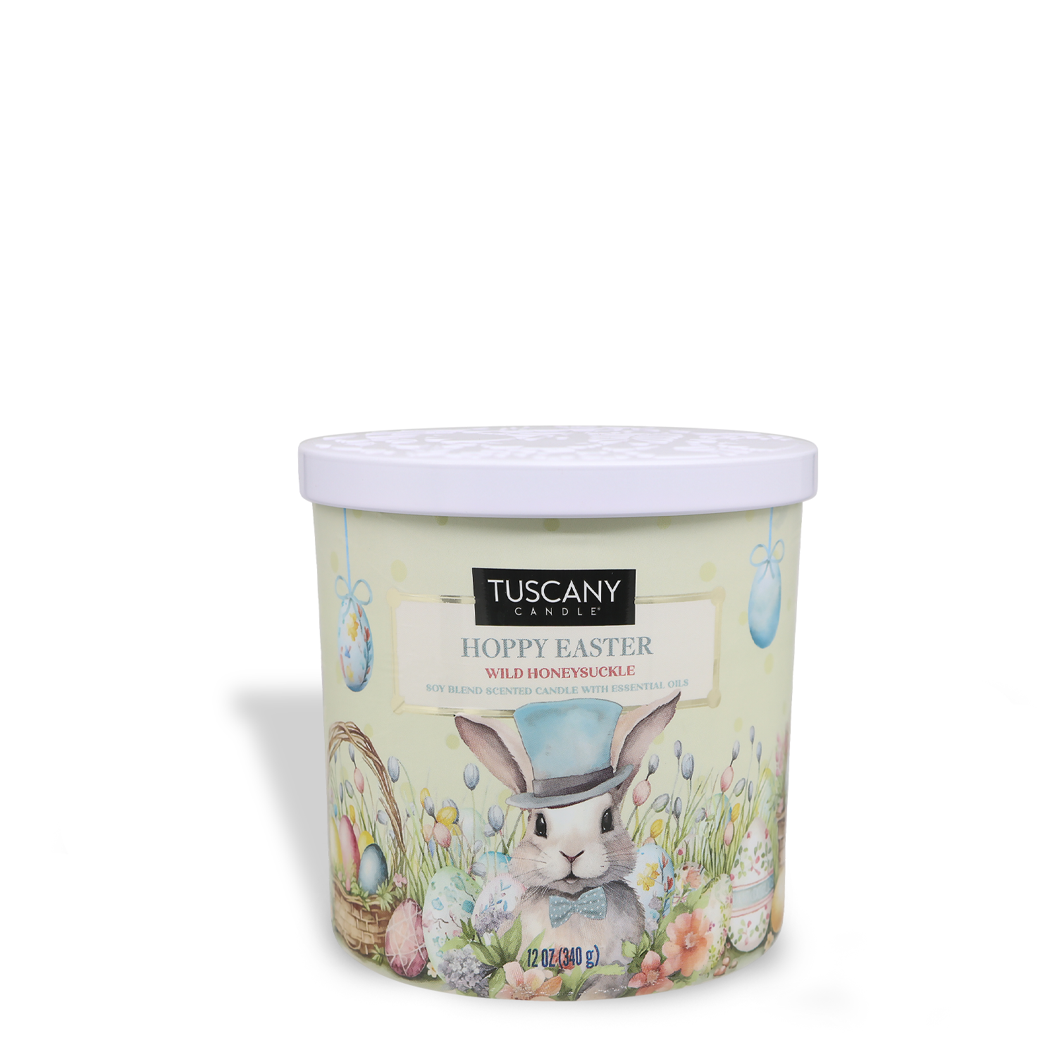 A Tuscany Candle® SEASONAL product, the "Hoppy Easter: Honeysuckle Scented Easter Candle" (12 oz), displays a rabbit in a hat with Easter eggs and flowers on a light green background.