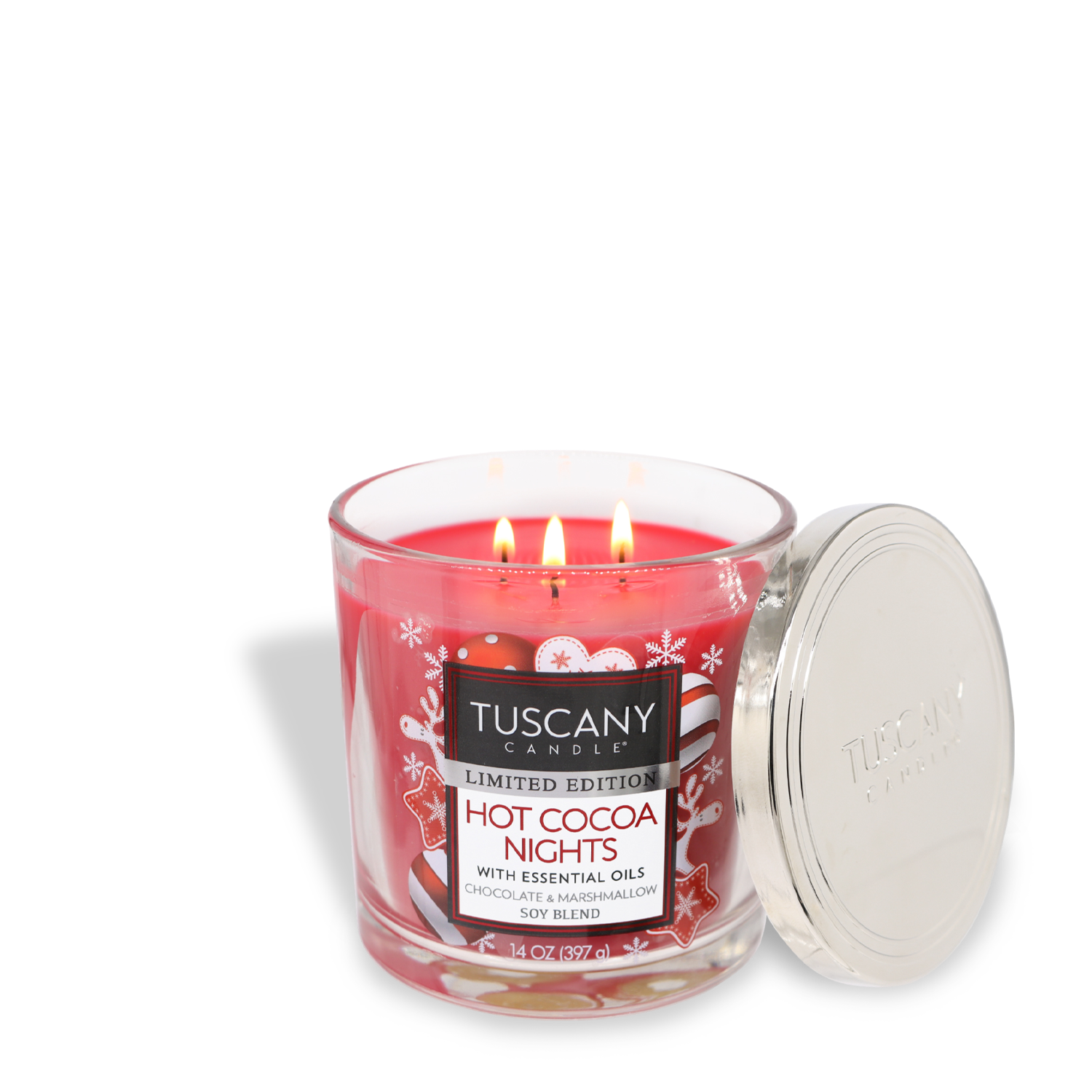 A lit Tuscany Candle® SEASONAL Hot Cocoa Nights Long-Lasting Scented Jar Candle (14 oz) with a silver lid beside it, featuring the label "Hot Cocoa Nights" and "Limited Edition." The candle has three flames.