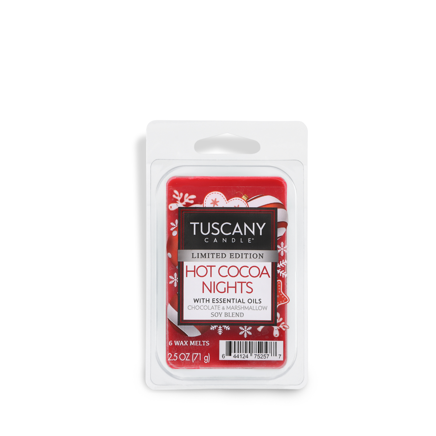 A package of Tuscany Candle® SEASONAL wax melts labeled "Hot Cocoa Nights Scented Wax Melt (2.5 oz)," featuring the scent of chocolate and marshmallow. The package is red with white snowflake designs and contains six wax melts.