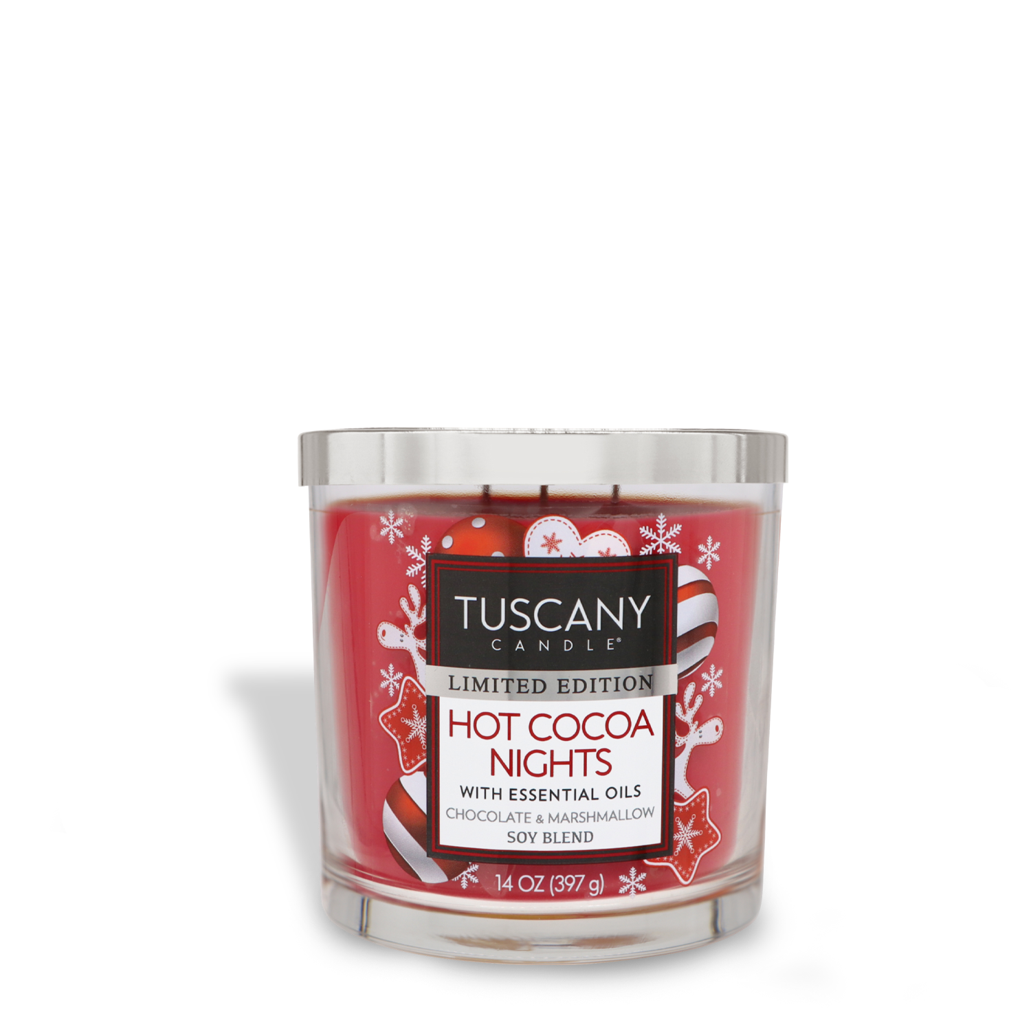 A Tuscany Candle® SEASONAL Hot Cocoa Nights Long-Lasting Scented Jar Candle (14 oz) in a glass container with a decorative red exterior, featuring essential oils and a chocolate and marshmallow scent.