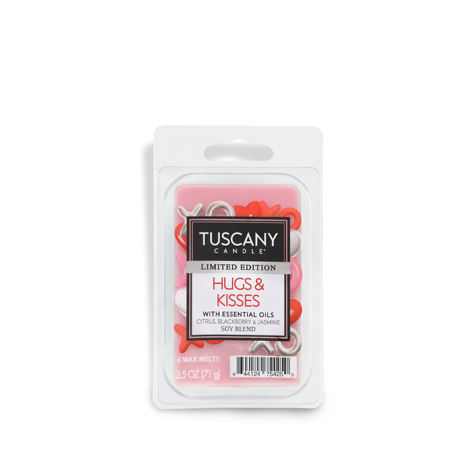 A package of Tuscany Candle® SEASONAL's "Hugs & Kisses: Blackberry Scented Wax Melt for Valentine’s Day" weighs 2.5 oz and includes six melts in red, white, and pink. Infused with a blend of citrus, jasmine, and essential oils, it is crafted to create the perfect romantic ambiance.