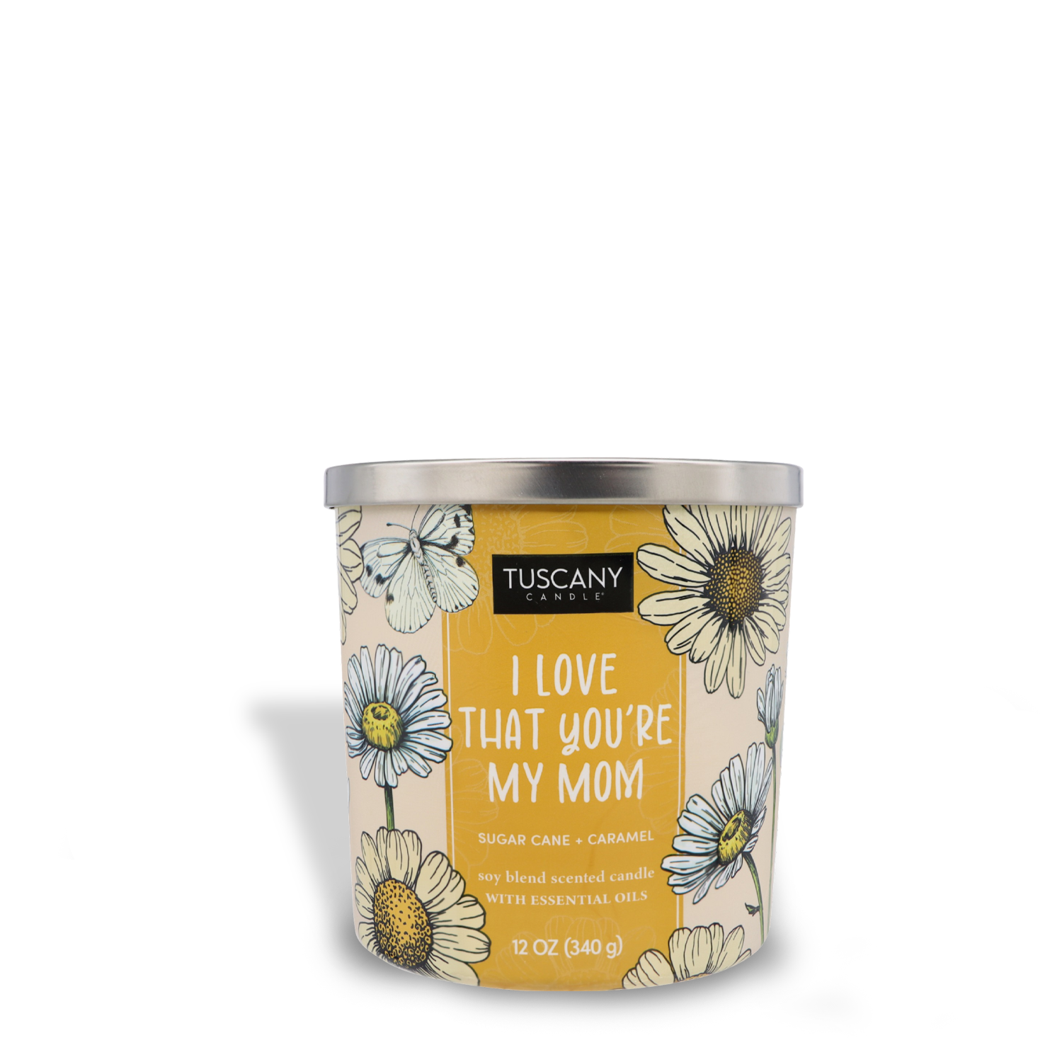 A scented candle with "I Love That You're My Mom" on a floral label, isolated on a white background from the Tuscany Candle® SEASONAL Mother's Day Collection.