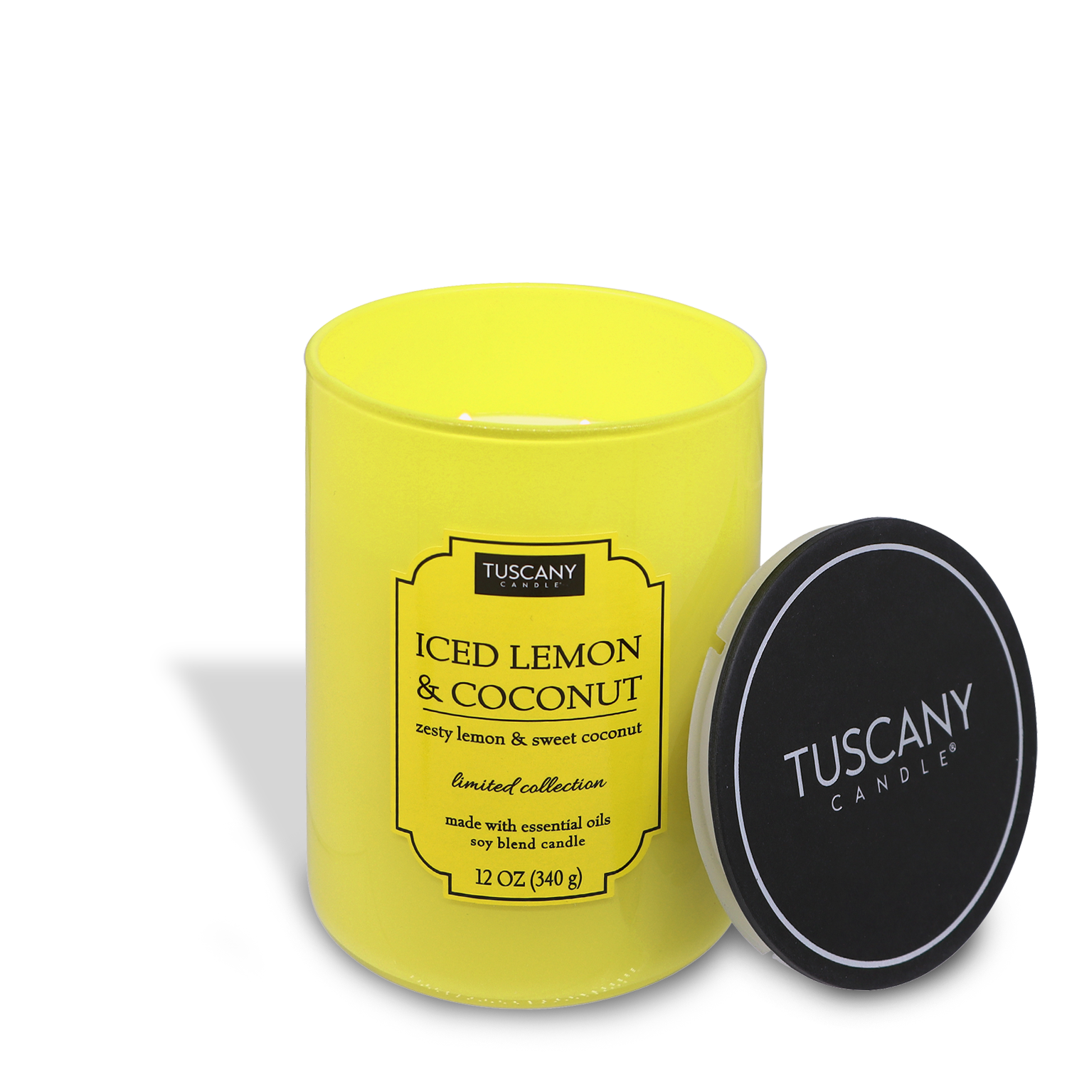 A bright yellow Tuscany Candle® EVD Colorsplash collection candle labeled "Iced Lemon & Coconut" with a black lid on the side, isolated on a white background.