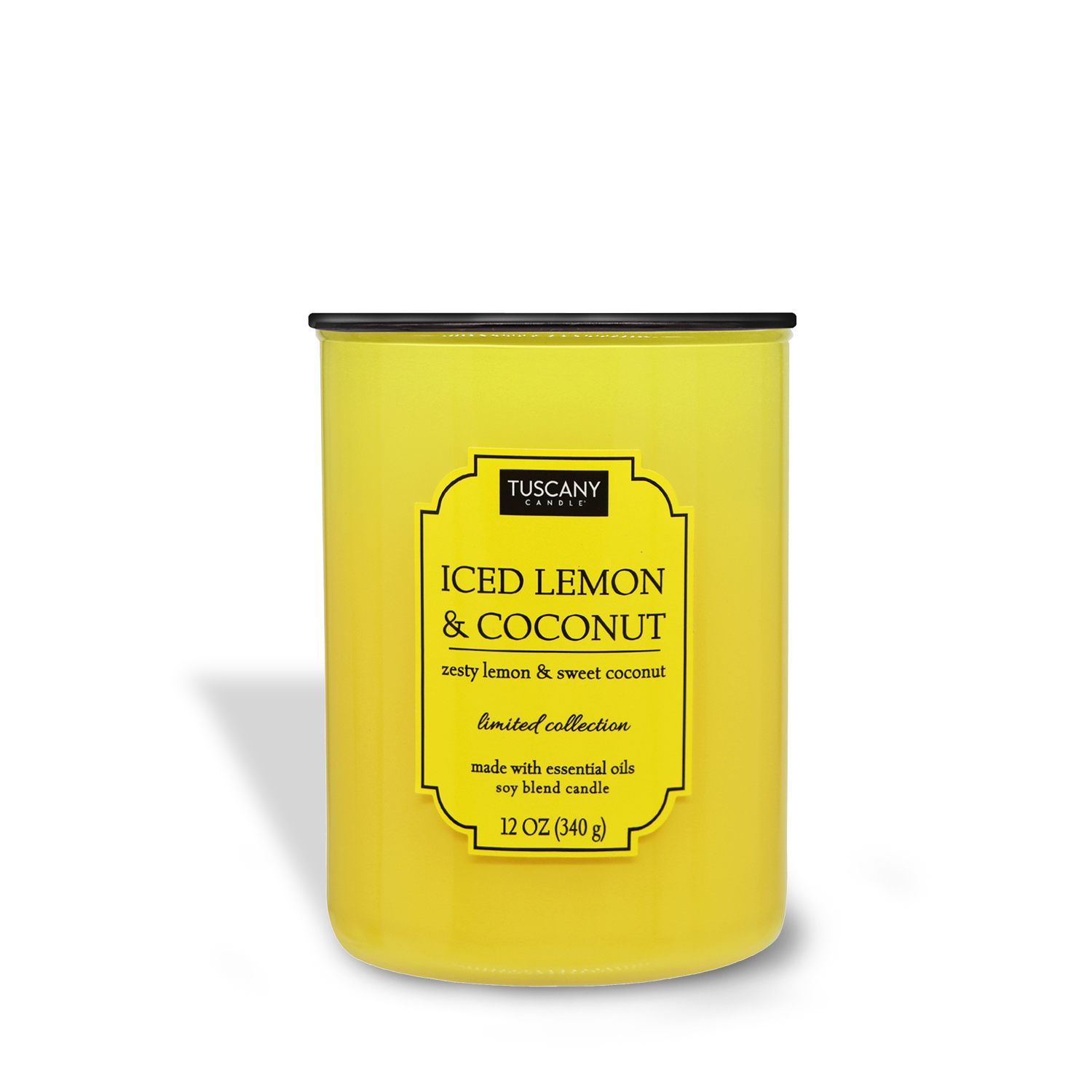 Yellow candle in a tin labeled "Iced Lemon & Coconut (12 oz) – Colorsplash Collection," part of the Tuscany Candle® EVD, with details of scent composition and essential oils.