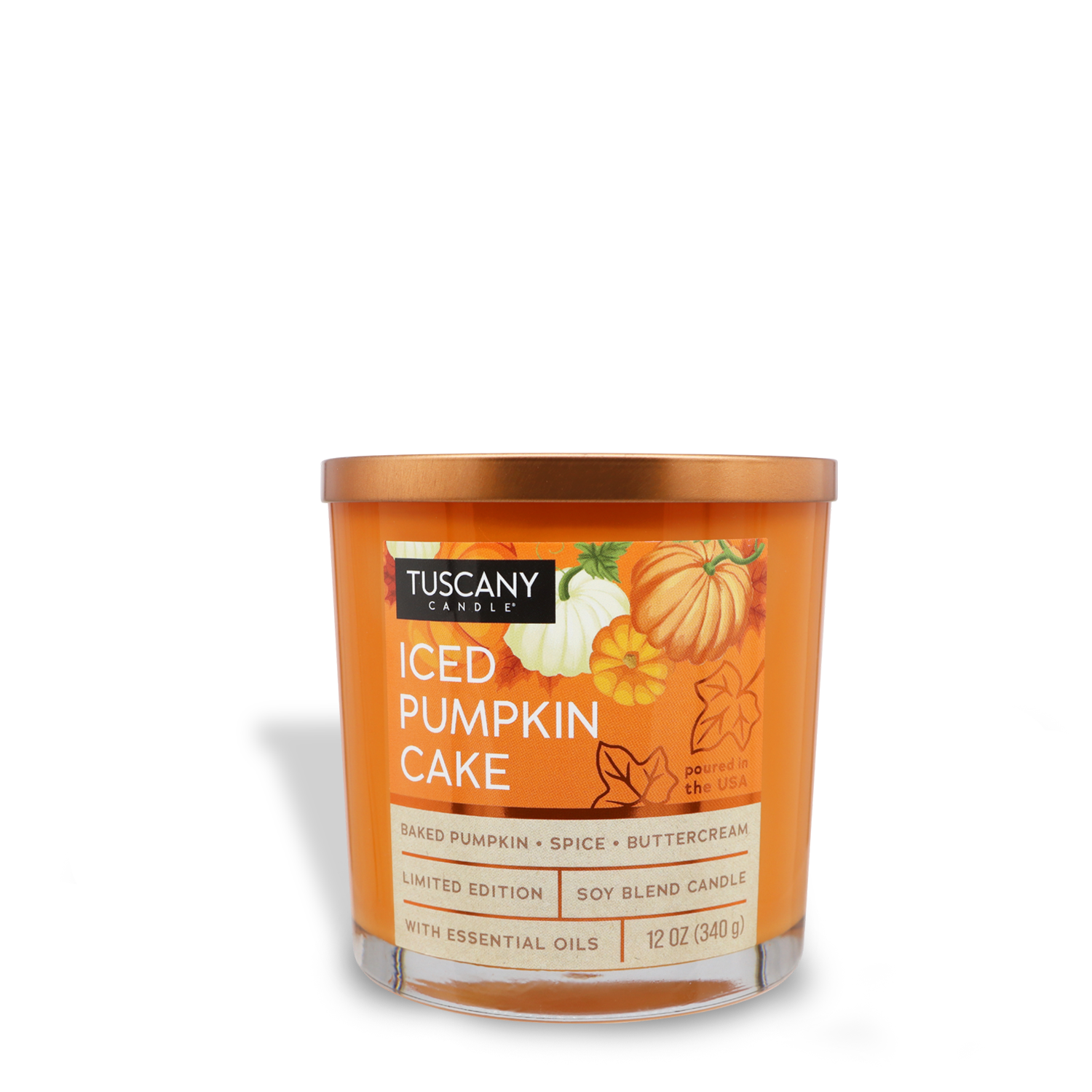 A Tuscany Candle® SEASONAL "Iced Pumpkin Cake Long-Lasting Scented Jar Candle" from the Copper Harvest Collection, presented in an orange glass jar and offering an irresistible autumn fragrance of baked pumpkin, spice, buttercream, and essential oils. This limited edition 12 oz (340 g) gem is perfect for cozy fall days.