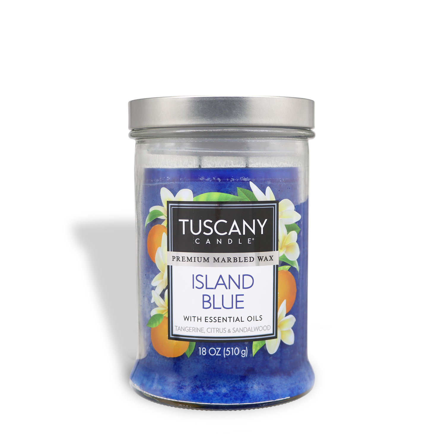 An 18 oz glass jar with a blue Tuscany Candle® EVD labeled "Island Blue," featuring tangerine, citrus, and sandalwood scents.