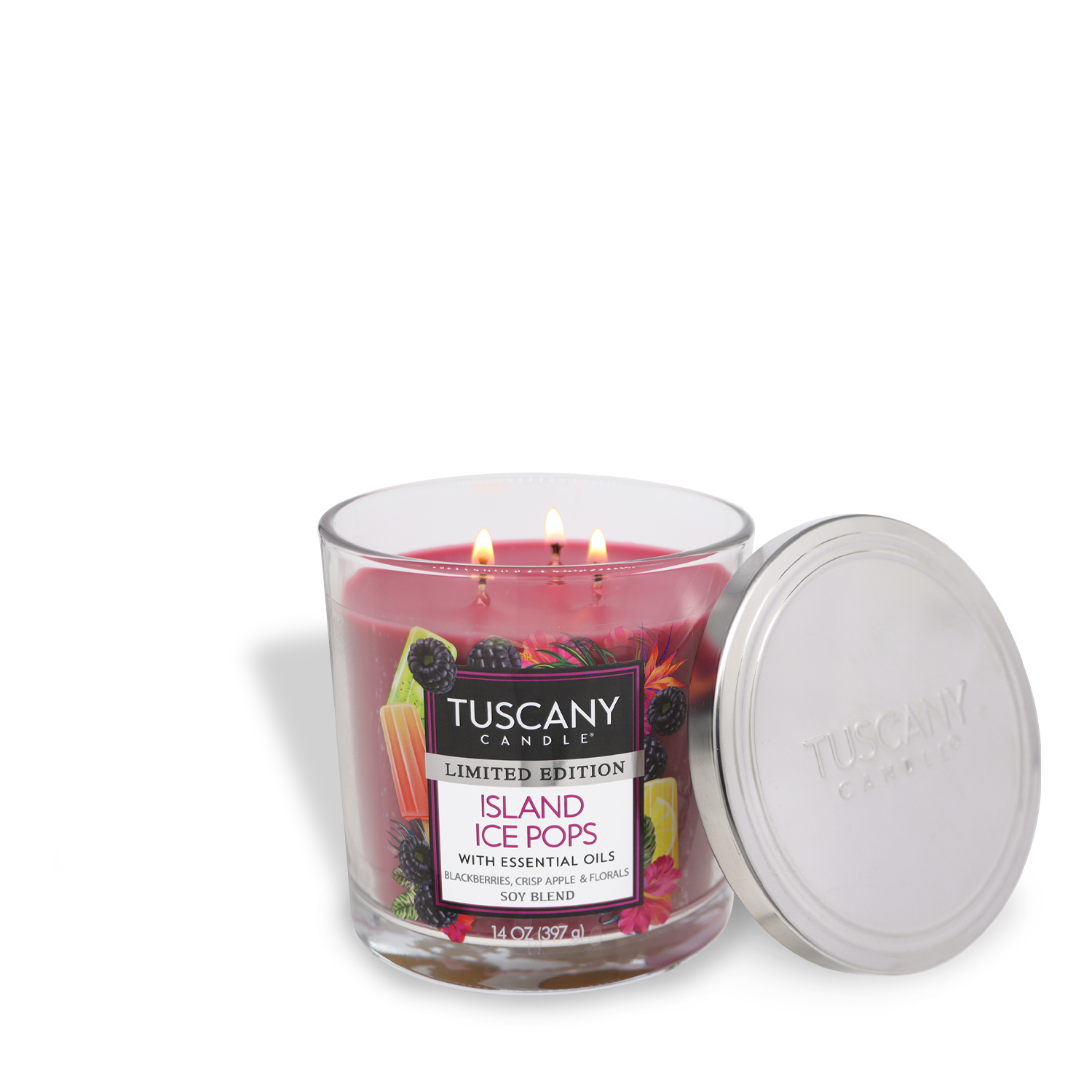 A blackberry-scented summer candle from Tuscany Candle® SEASONAL, named "Island Ice Pops," features three wicks in a clear 14 oz glass jar with a silver lid beside it, evoking vibrant summer vibes.
