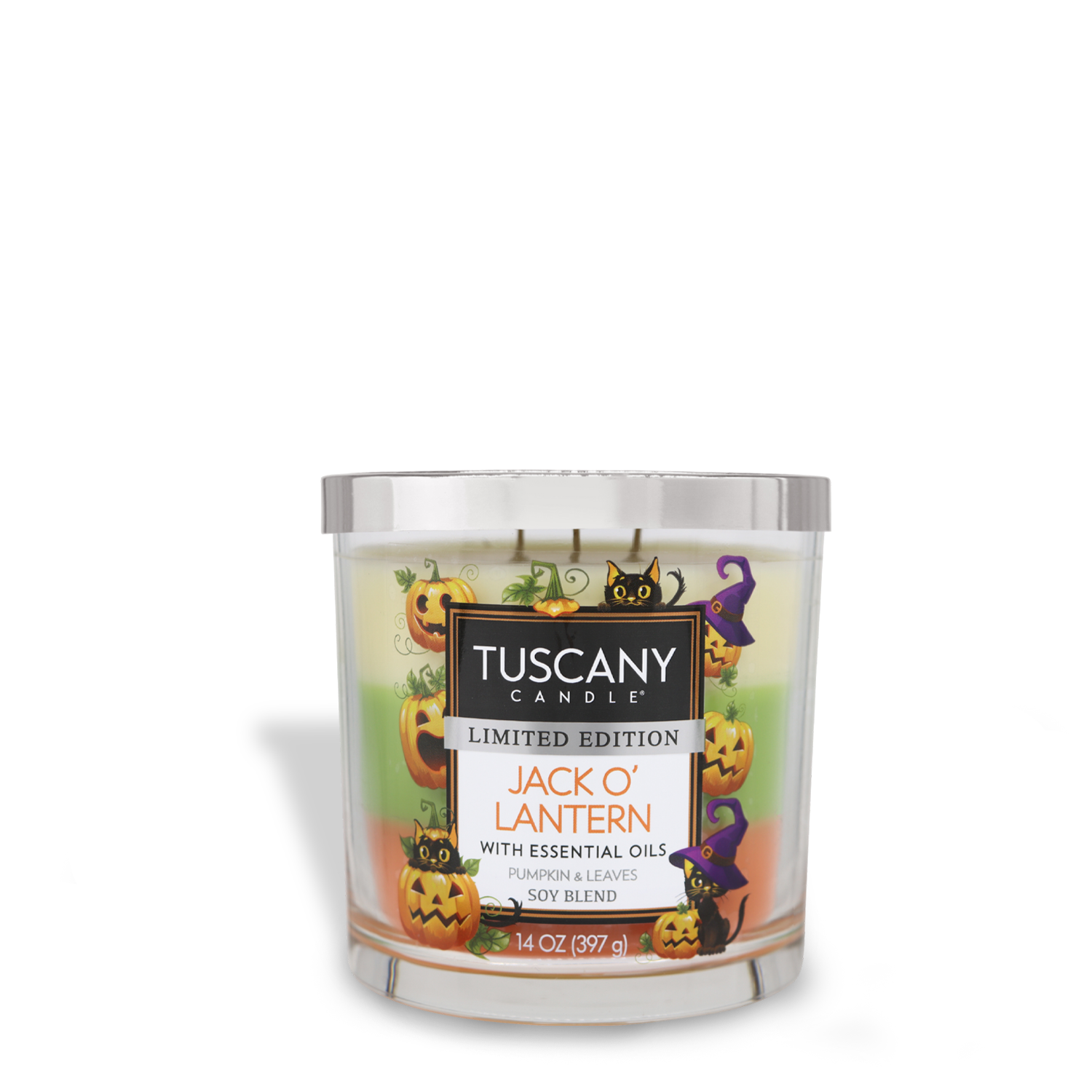 A Tuscany Candle® SEASONAL limited edition Jack O' Lantern Long-Lasting Scented Jar Candle (14 oz) with essential oils, featuring pumpkin and leaves fragrance notes in a soy blend. This scented jar candle is part of a limited-run collection and comes in a 14 oz (397 g) jar decorated with Halloween-themed graphics.