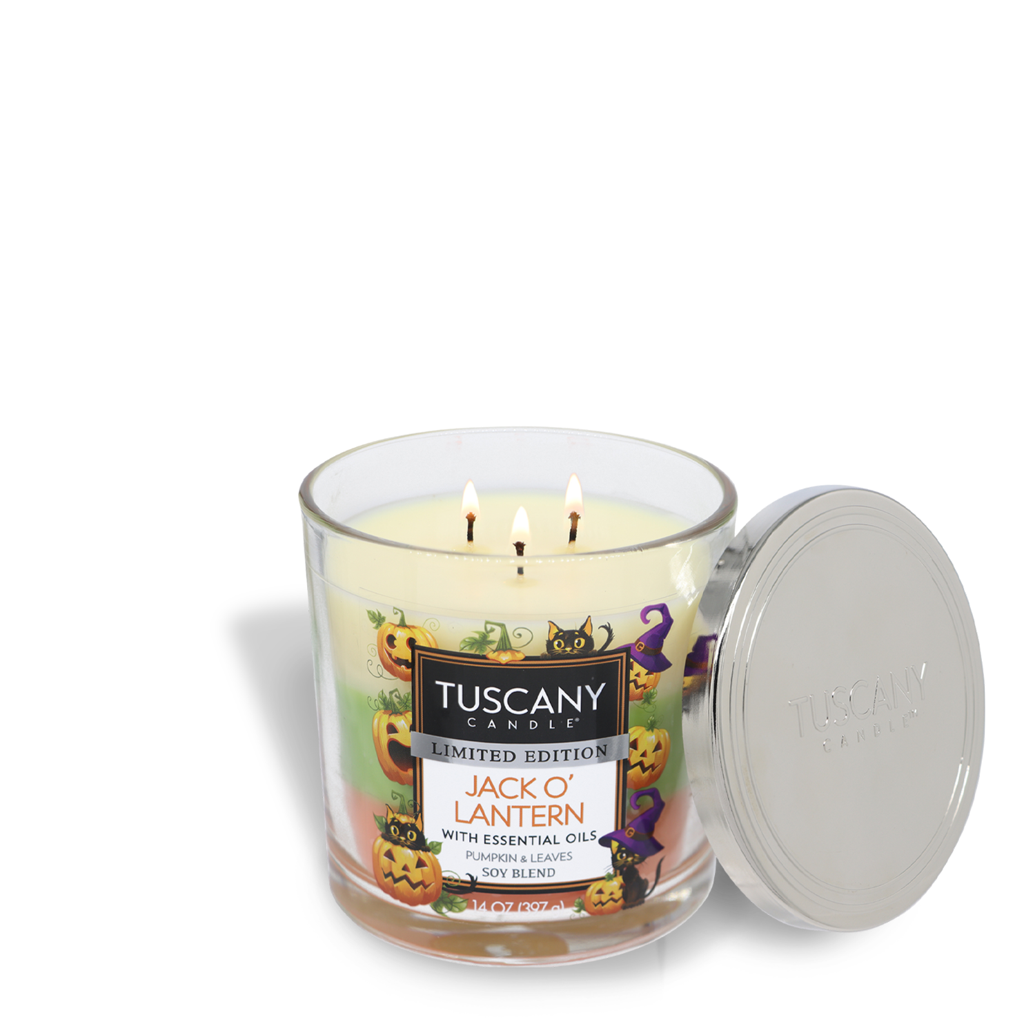 A Tuscany Candle® SEASONAL brand Jack O' Lantern Long-Lasting Scented Jar Candle (14 oz) with premium satin wax delights with its essential oils. The glass jar features a festive pumpkin and Halloween-themed design, while the metal lid leans gracefully against the candle, ensuring an extended burn time.