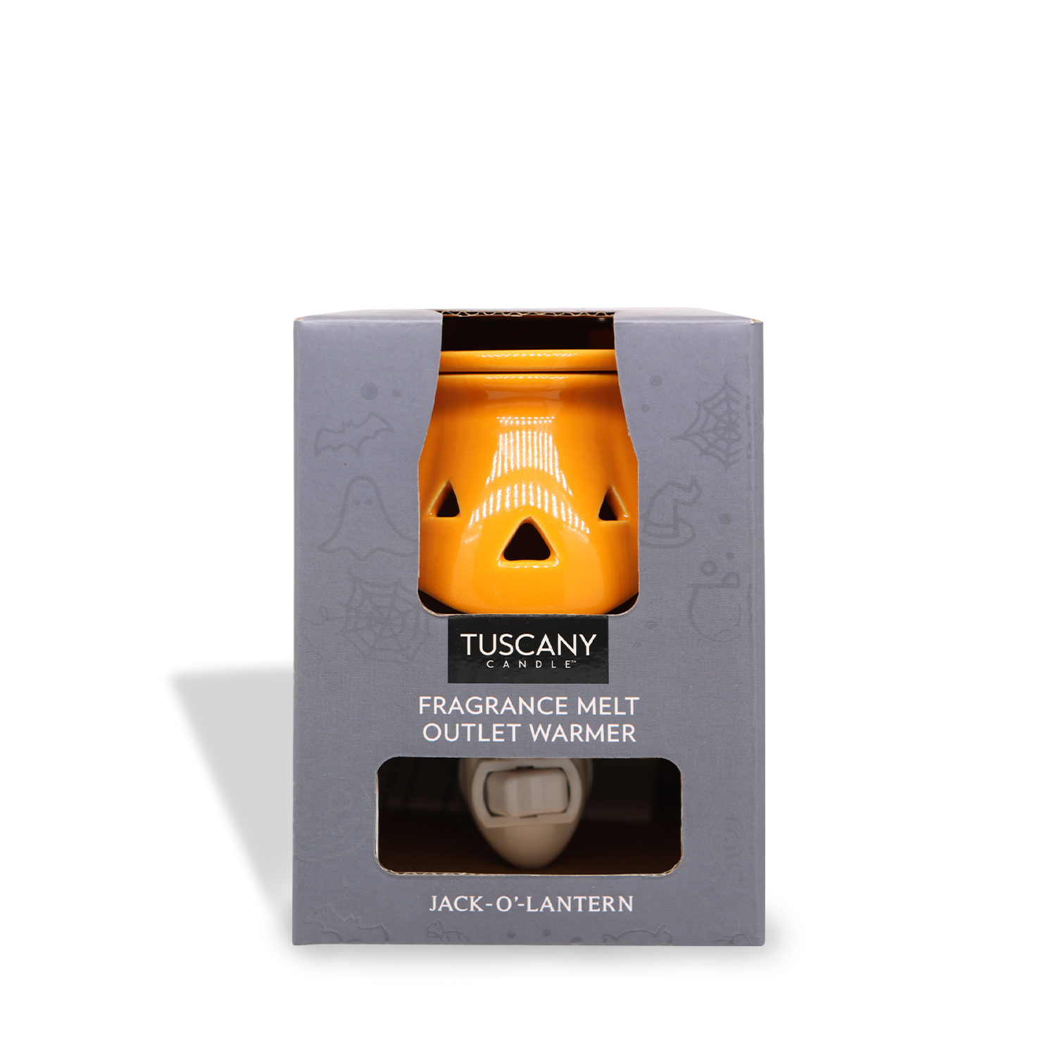 Box containing a Tuscany Candle® SEASONAL Jack O' Lantern Outlet Wax Melt Warmer shaped like a jack-o'-lantern with an orange finish and a cutout face design. The box has ghost and spider web illustrations, promoting a flame-free environment perfect for your Tuscany Candle® SEASONAL wax melts.