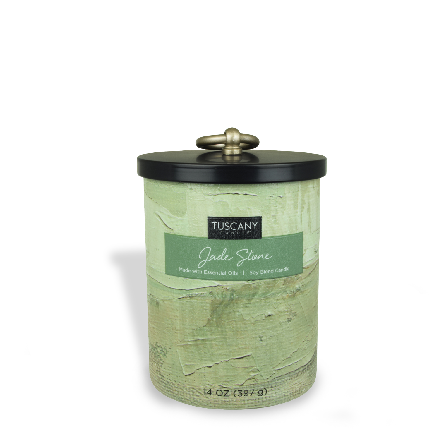 A Jade Stone Scented Jar Candle (14 oz) from the Tuscany Candle brand, with a green tin and a black lid, perfect for home décor and containing essential oils for a delightful fragrance experience.