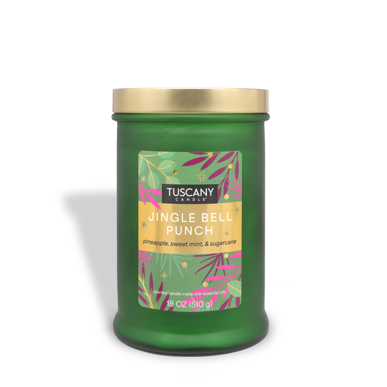 Jingle Bell Punch Scented Jar Candle by Tuscany Candle® SEASONAL, featuring an 18 oz green jar with a gold lid and fragrances of pineapple, sweet mint, and sugarcane.