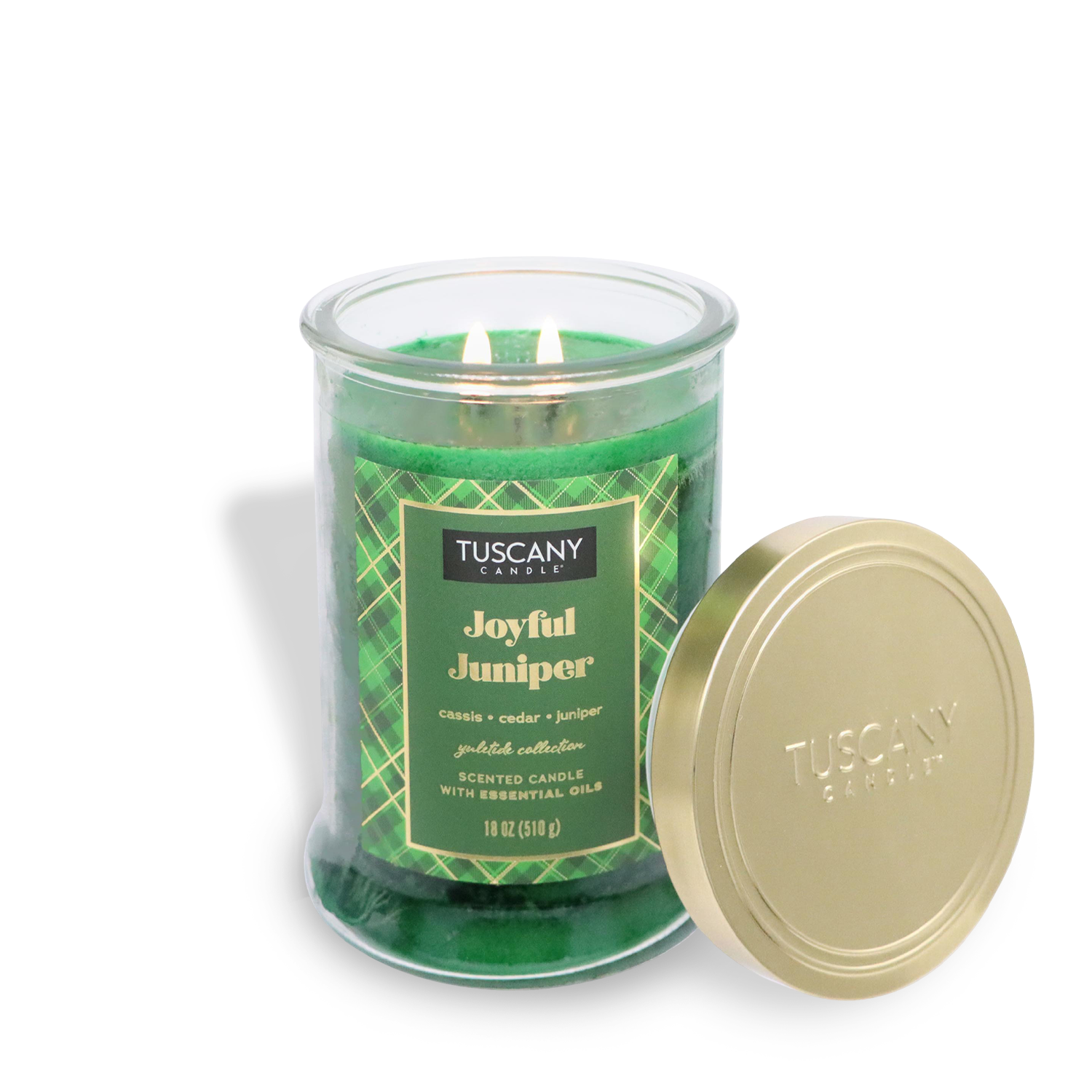 Joyful Juniper Scented Jar Candle (18 oz) from the Winter Flannels Collection by Tuscany Candle® SEASONAL, featuring essential oils, burns in a glass jar with a gold-colored lid.