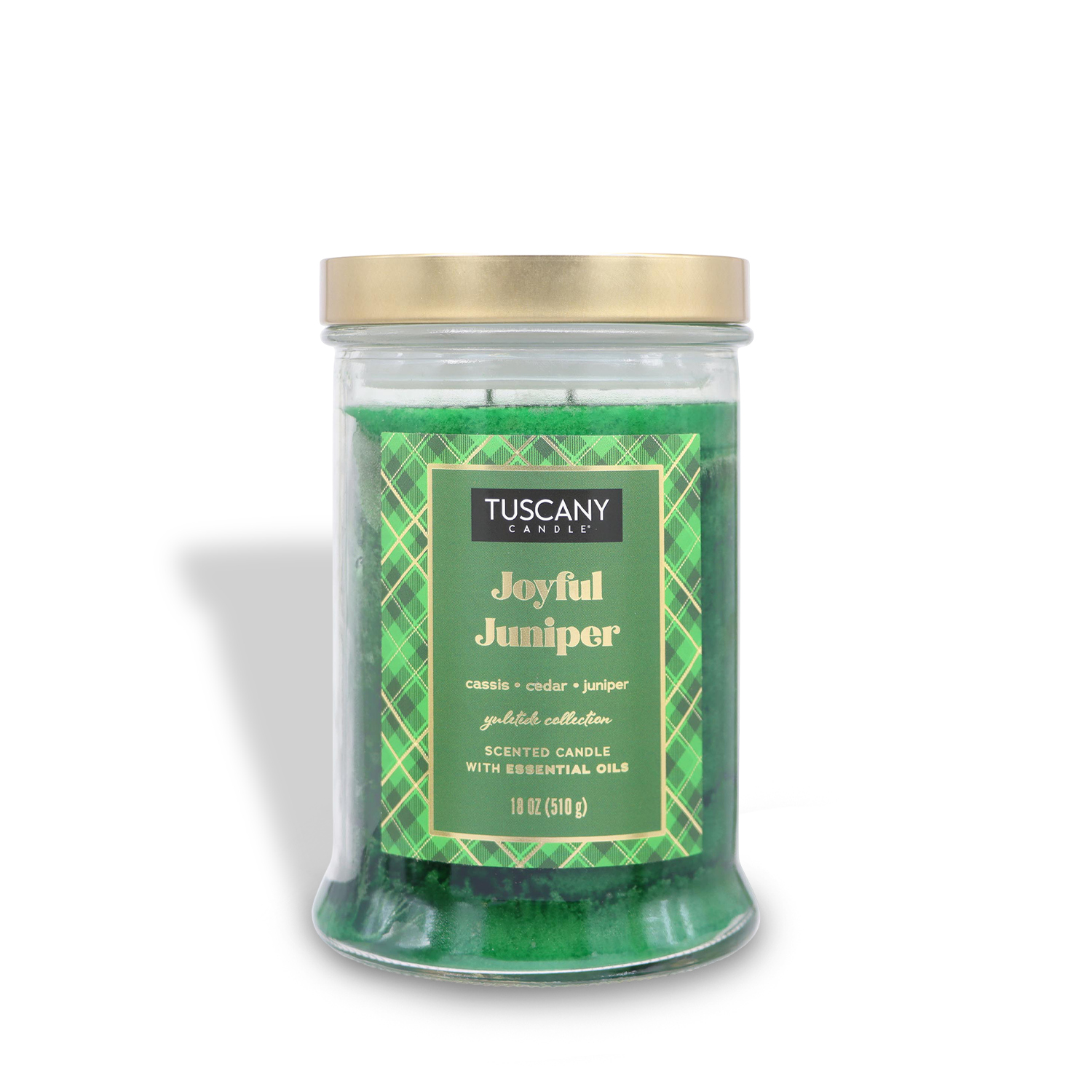 A jar candle with a green hue and a gold lid, featuring the label "Tuscany Candle® SEASONAL Joyful Juniper," exudes the scents of cassis, cedar, and juniper from the Winter Flannels Collection.