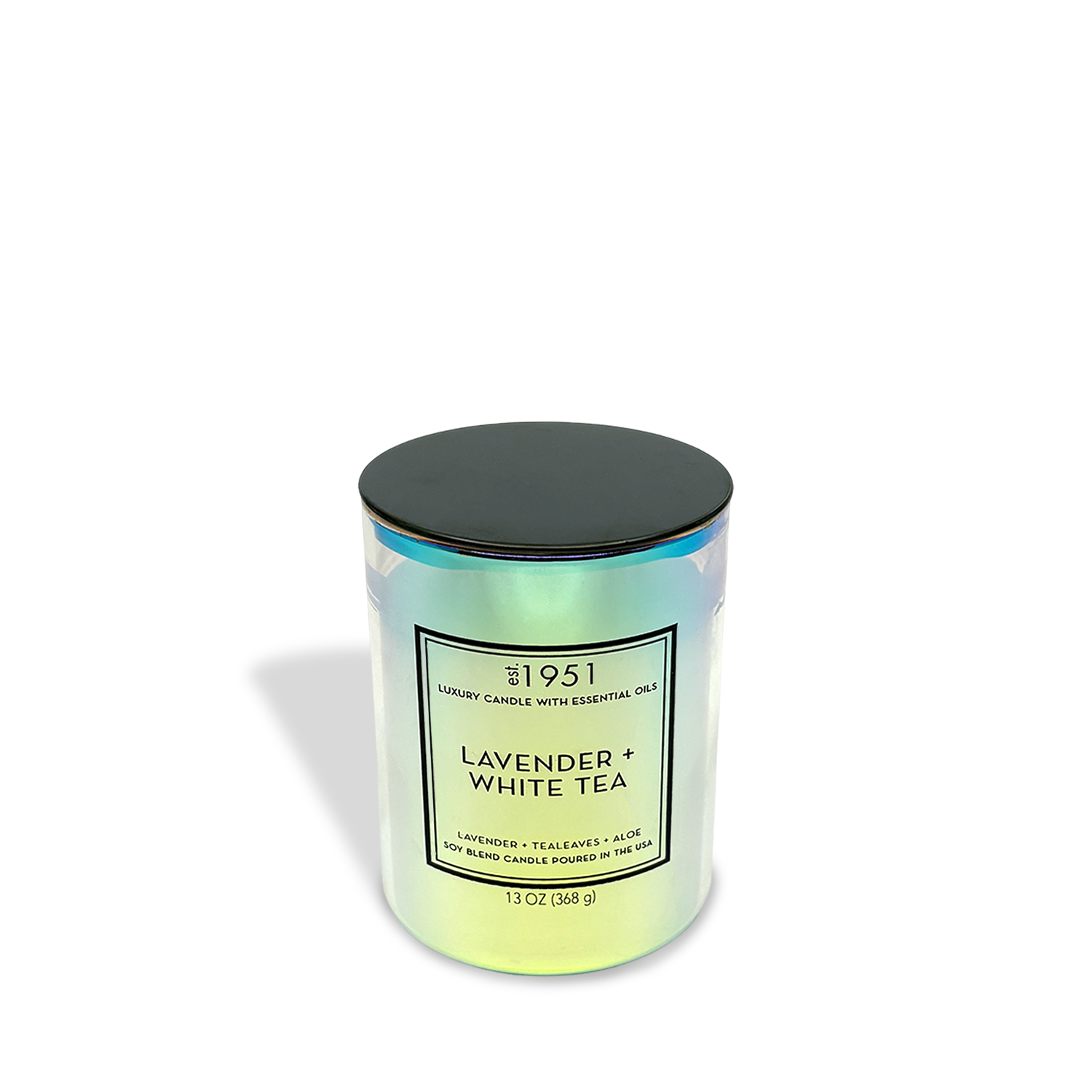 Fill your space with the calming scent of est.1951 Lavender + White Tea (13oz), housed in a shiny iridescent glass jar with a black lid.
