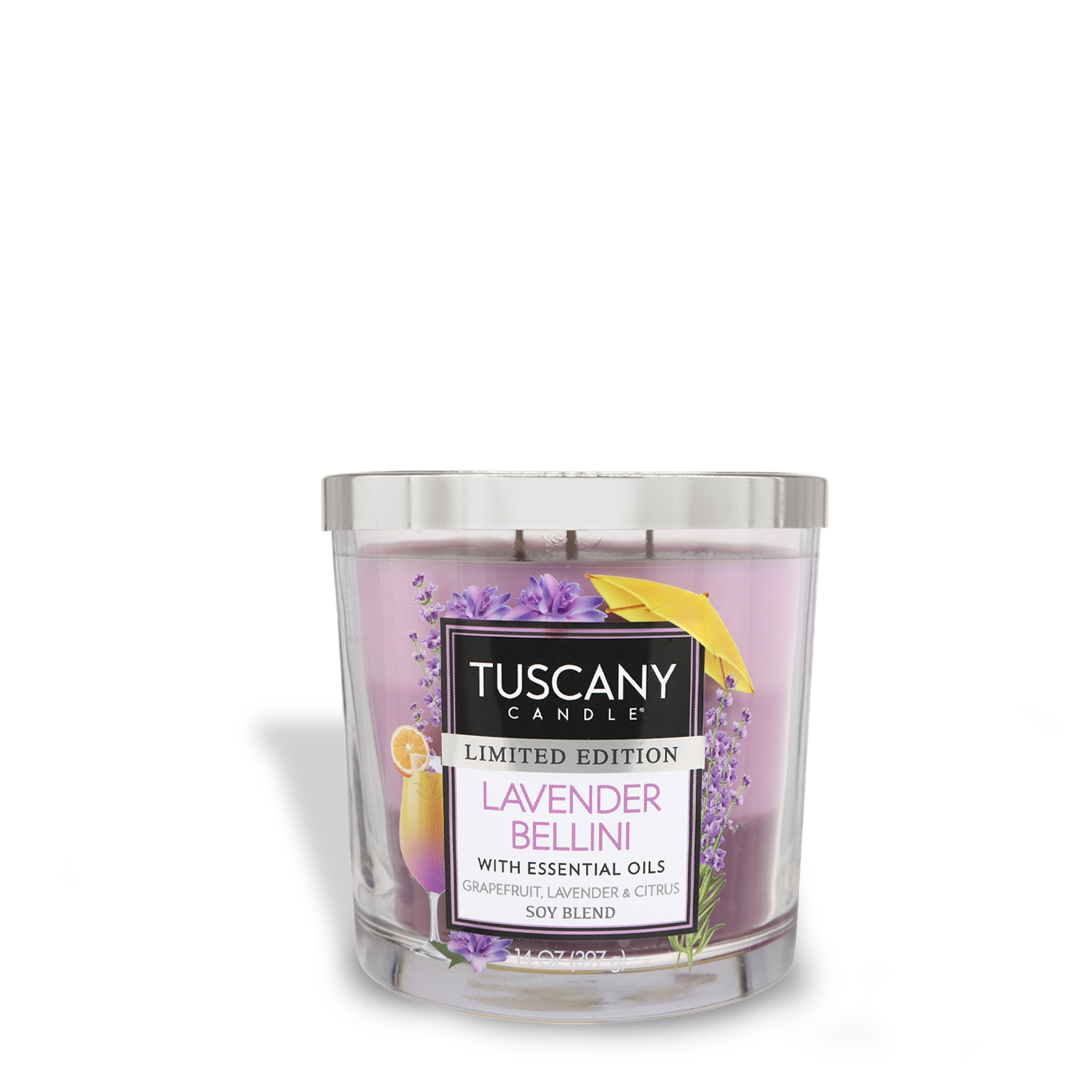 A Tuscany Candle® SEASONAL Lavender Bellini Long-Lasting Scented Jar Candle (14 oz) with essential oils.