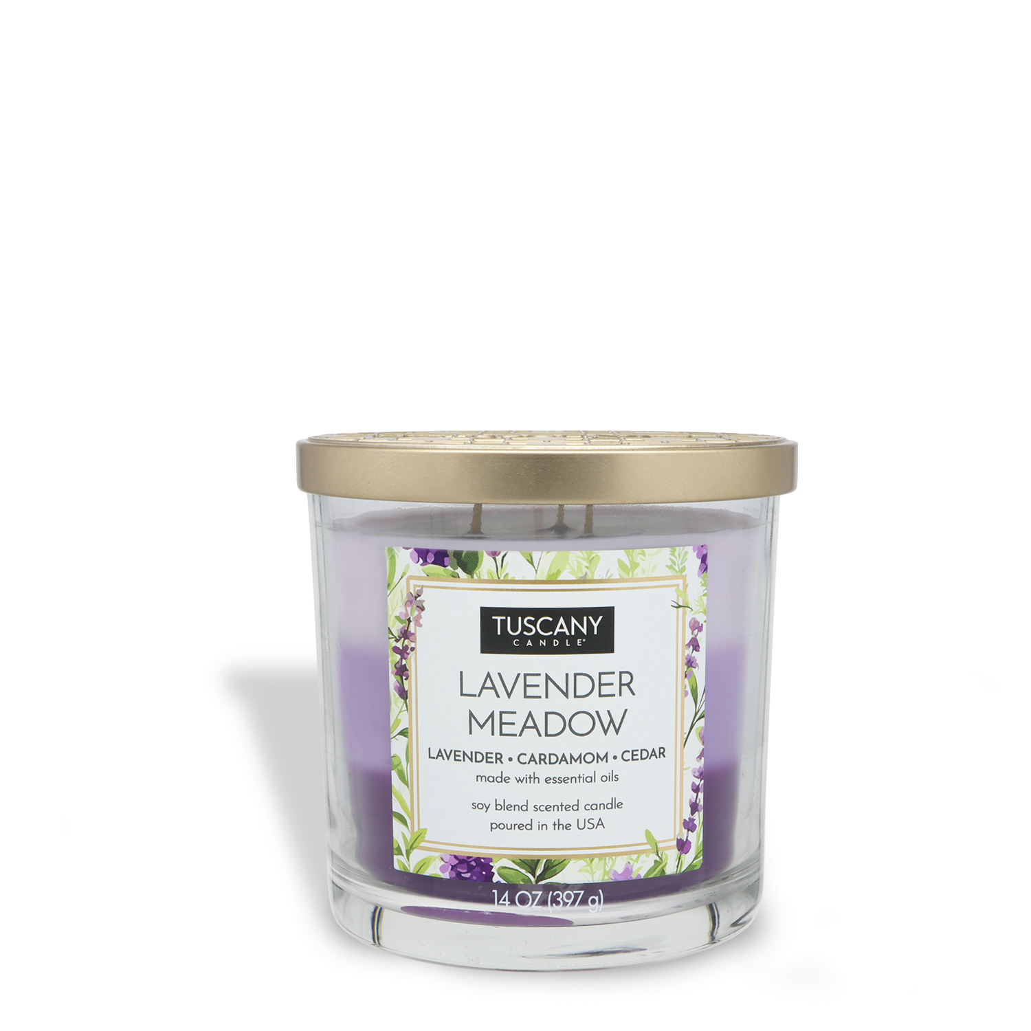 The Tuscany Candle® EVD Lavender Meadow Long-Lasting Scented Jar Candle (14 oz) fills your space with soothing lavender, cardamom, and cedar fragrances; housed in clear glass with a gold lid.