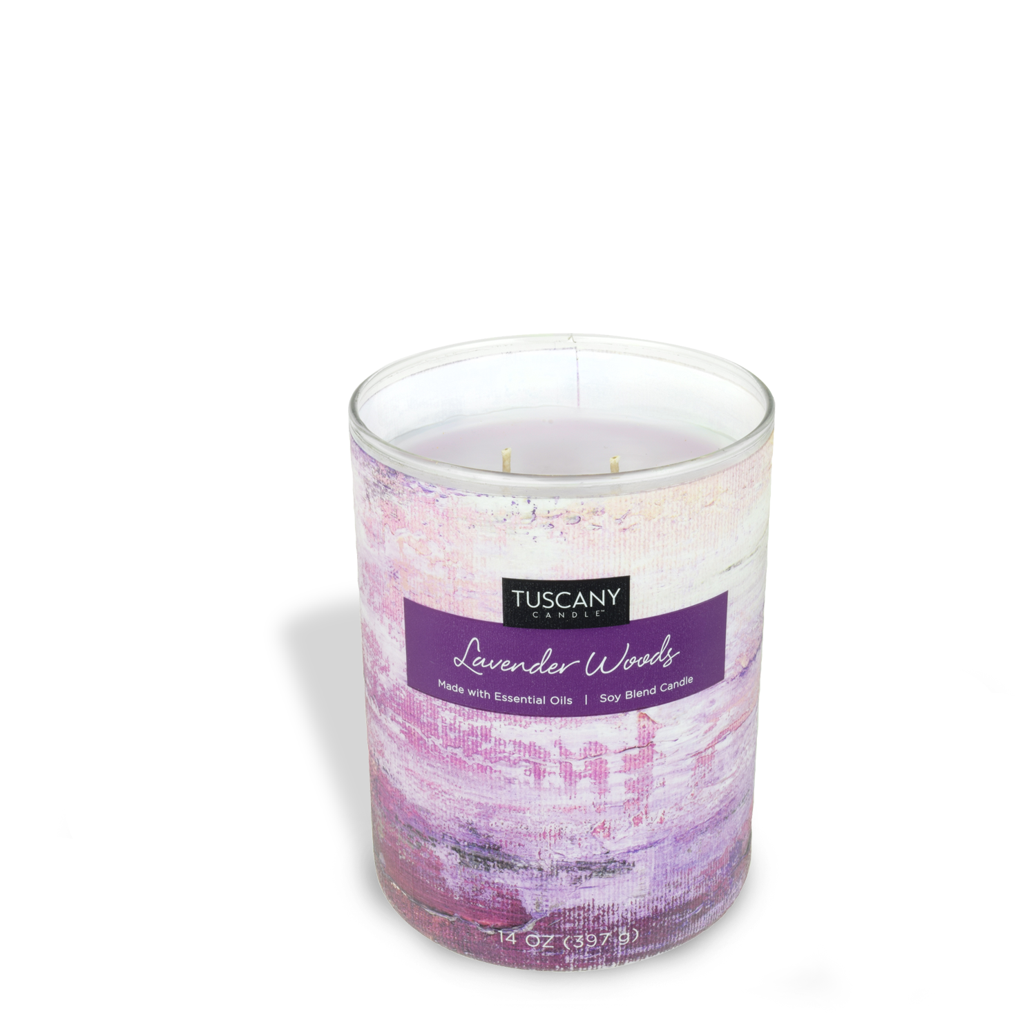 A Lavender Woods scented jar candle (14 oz) from the Tuscany Candle Home Décor Collection with a purple background on a white background.