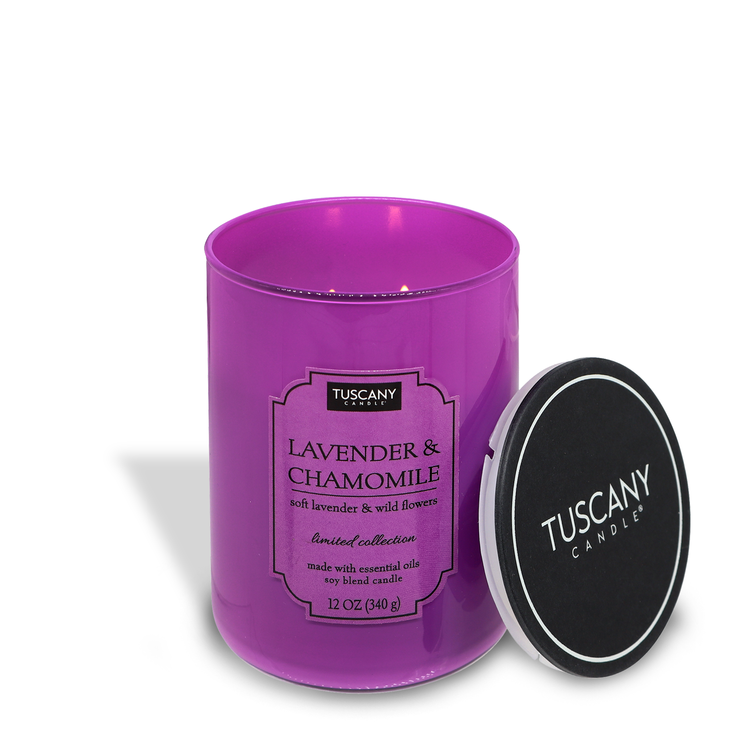 A purple Tuscany Candle® EVD Colorsplash Collection candle labeled "Lavender & Chamomile (12 oz)" with the lid set beside it on a white background.