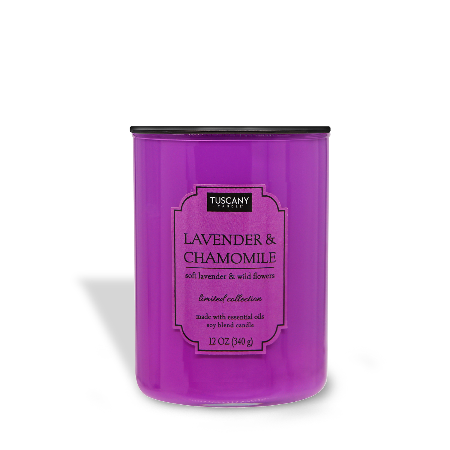 A purple candle labeled "Lavender & Chamomile (12 oz) from the Colorsplash collection, isolated on a white background.