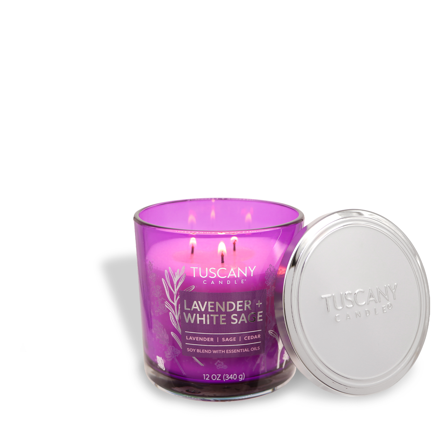 The Tuscany Candle® EVD in the Painters' Palette Collection is a 12 oz purple Cedar-scented jar candle labeled "Lavender + White Sage," featuring a silver lid and multiple wicks.