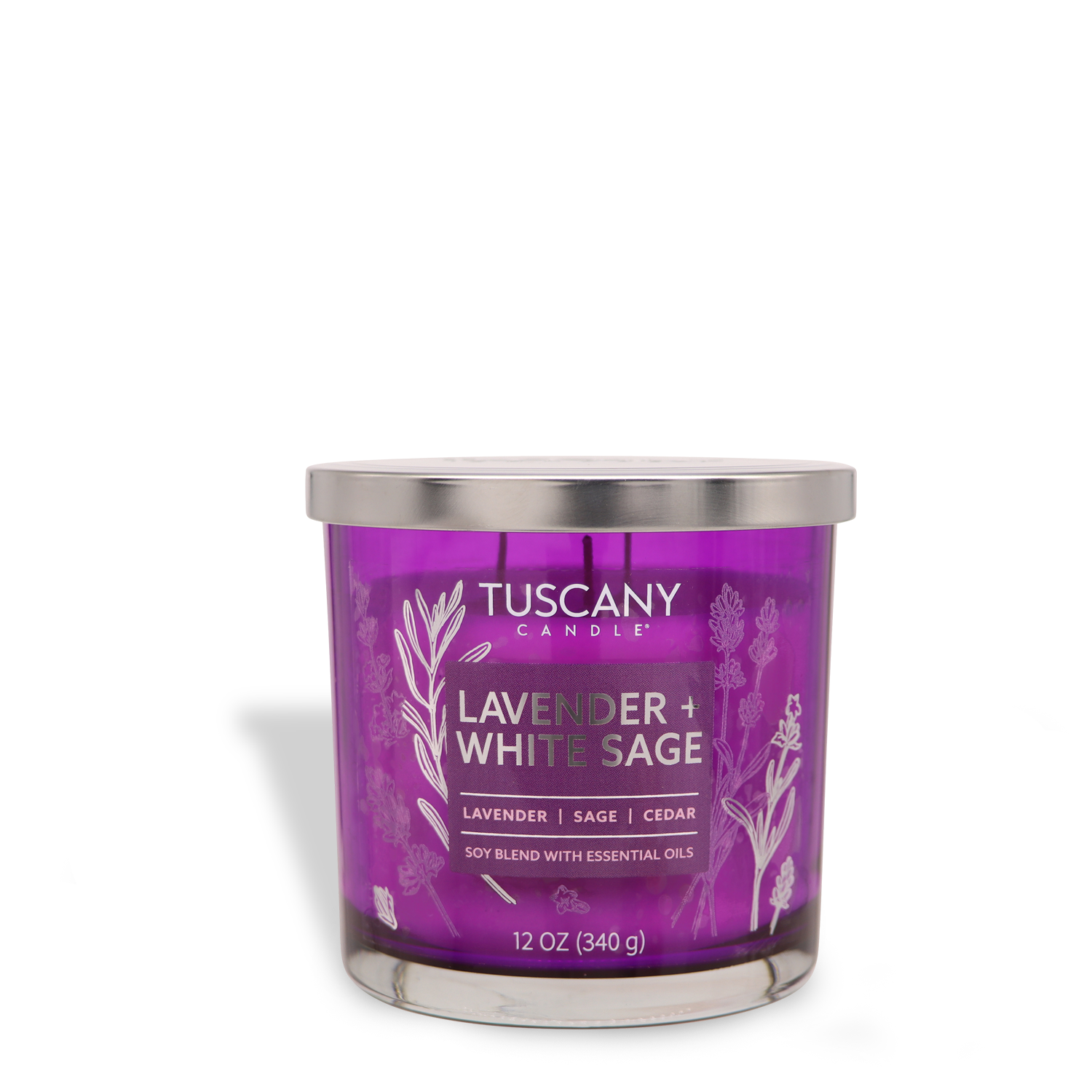 A 12 oz Lavender + White Sage scented jar candle from the Painters' Palette Collection by Tuscany Candle® EVD features a purple jar with botanical illustrations and a silver lid.