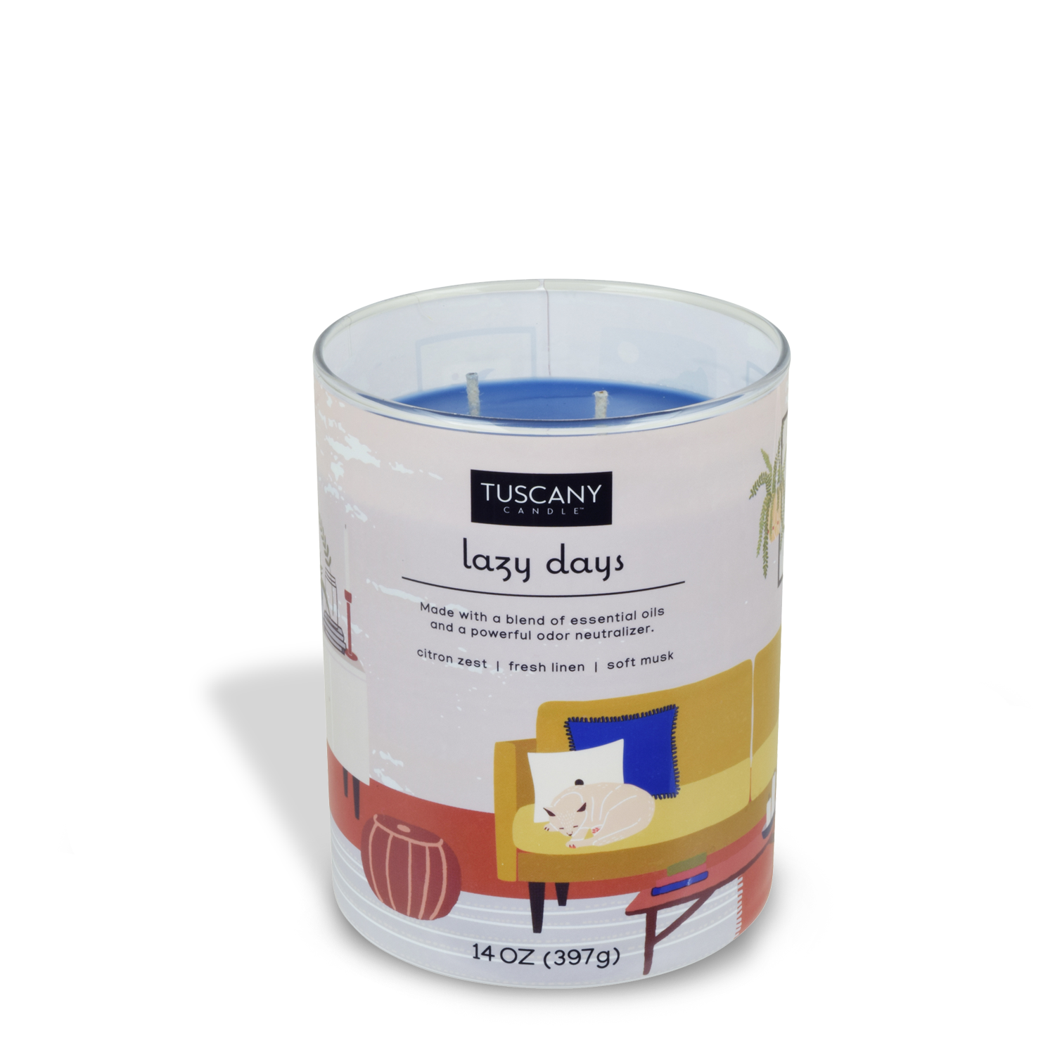 A Lazy Days Scented Jar Candle (14 oz) – Pet Odor Control Collection by Tuscany Candle® EVD, designed to neutralize odors, featuring a picture of a couch on it.
