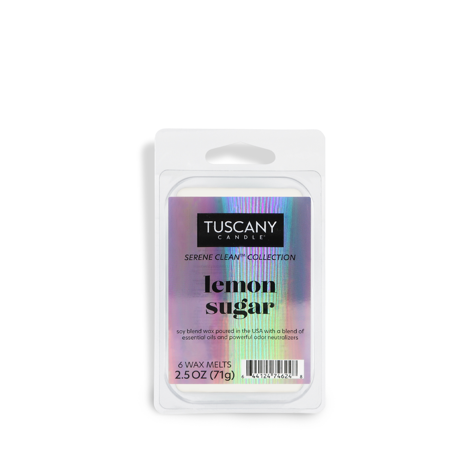 Tuscany Candle® EVD's Lemon Sugar Scented Odor Control Wax Melt (2.5 oz) from the Serene Clean Collection features holographic packaging and provides an odor-eliminating aromatherapeutic experience.