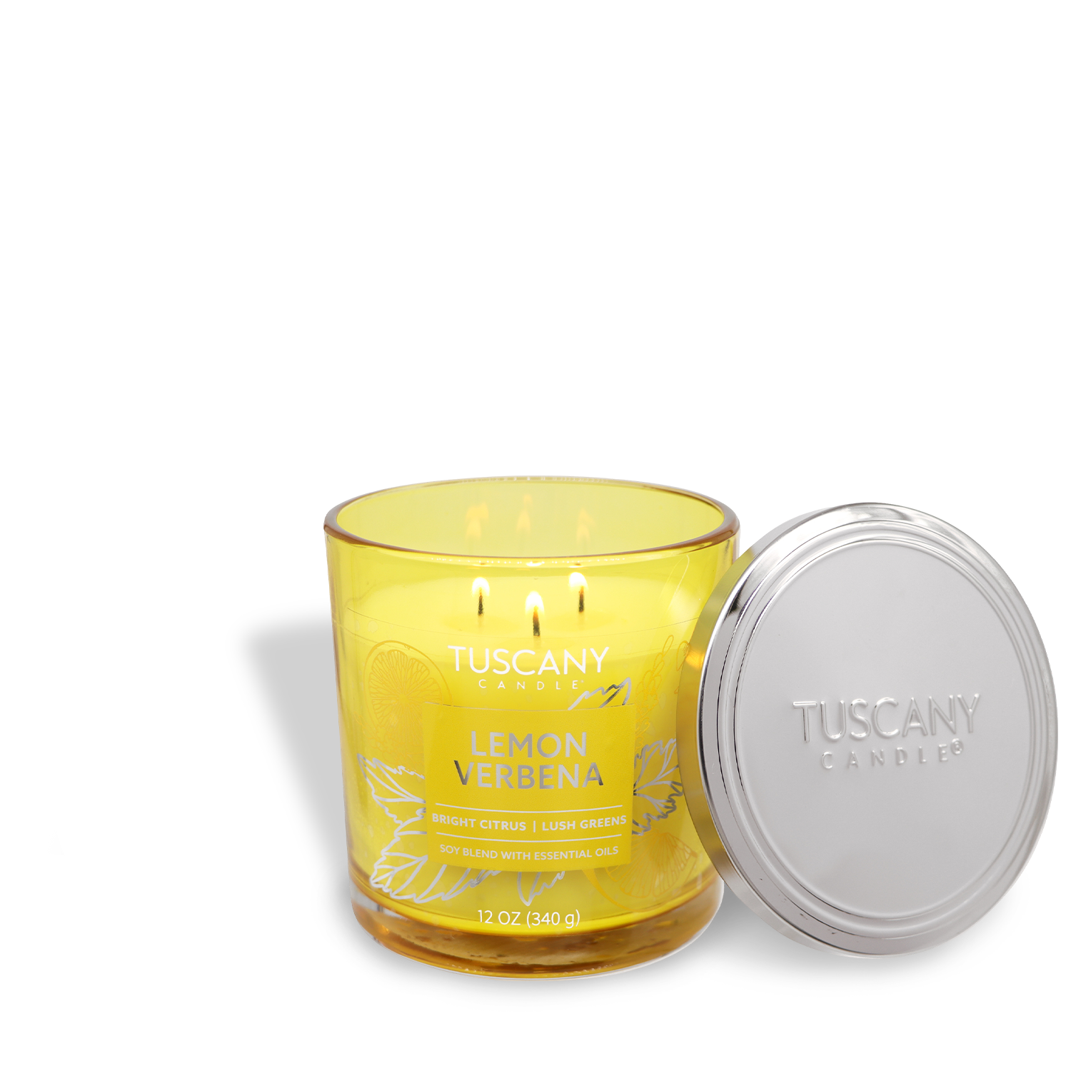 The Tuscany Candle® EVD Painters' Palette Collection features a 12 oz yellow jar candle, Meyer lemon scented, in a glass jar with a metal lid and labeled text.