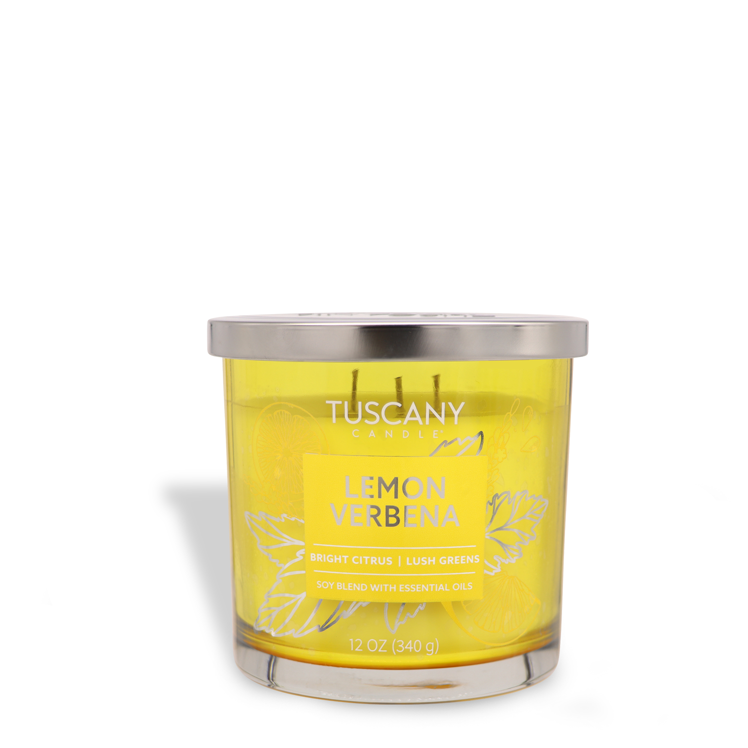 The Tuscany Candle® EVD Lemon Verbena, part of the Painters' Palette Collection, is a Meyer Lemon-scented jar candle. It features "Bright Citrus | Lush Greens" and is a 12 oz (340 g) soy blend with essential oils, topped with a silver lid.