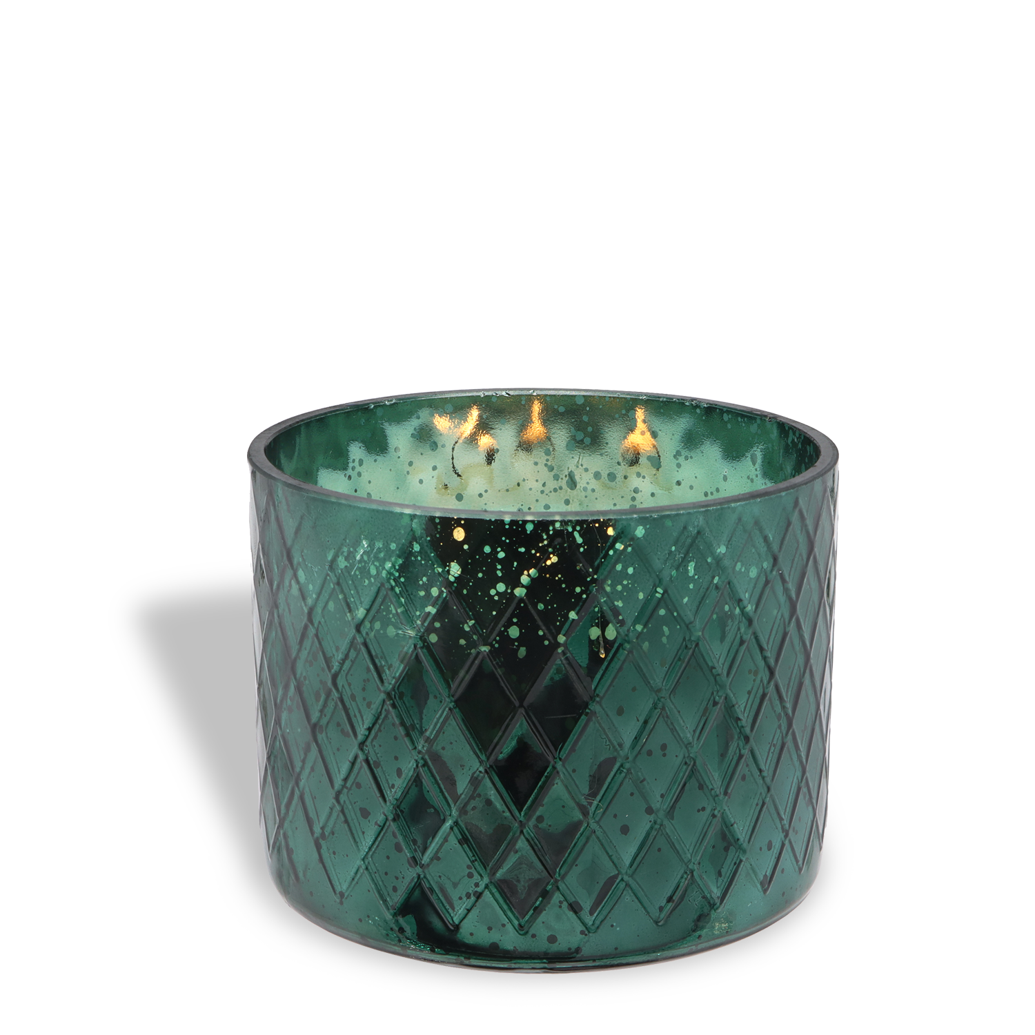 The Tuscany Candle® SEASONAL Let’s Stay (Snowed) In: Charred Firewood & Black Pepper Scented Holiday Candle (15 oz), with three lit wicks in a green diamond-patterned glass jar, sits on a white background.