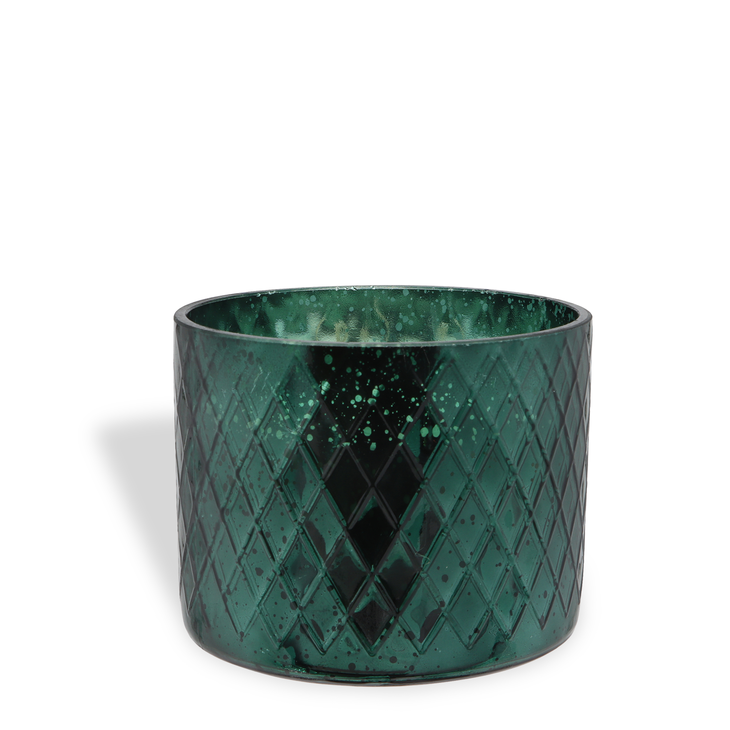 The Tuscany Candle® SEASONAL Let’s Stay (Snowed) In: Charred Firewood & Black Pepper Scented Holiday Candle (15 oz) features a dark green, diamond-patterned glass holder with a mottled, speckled texture.
