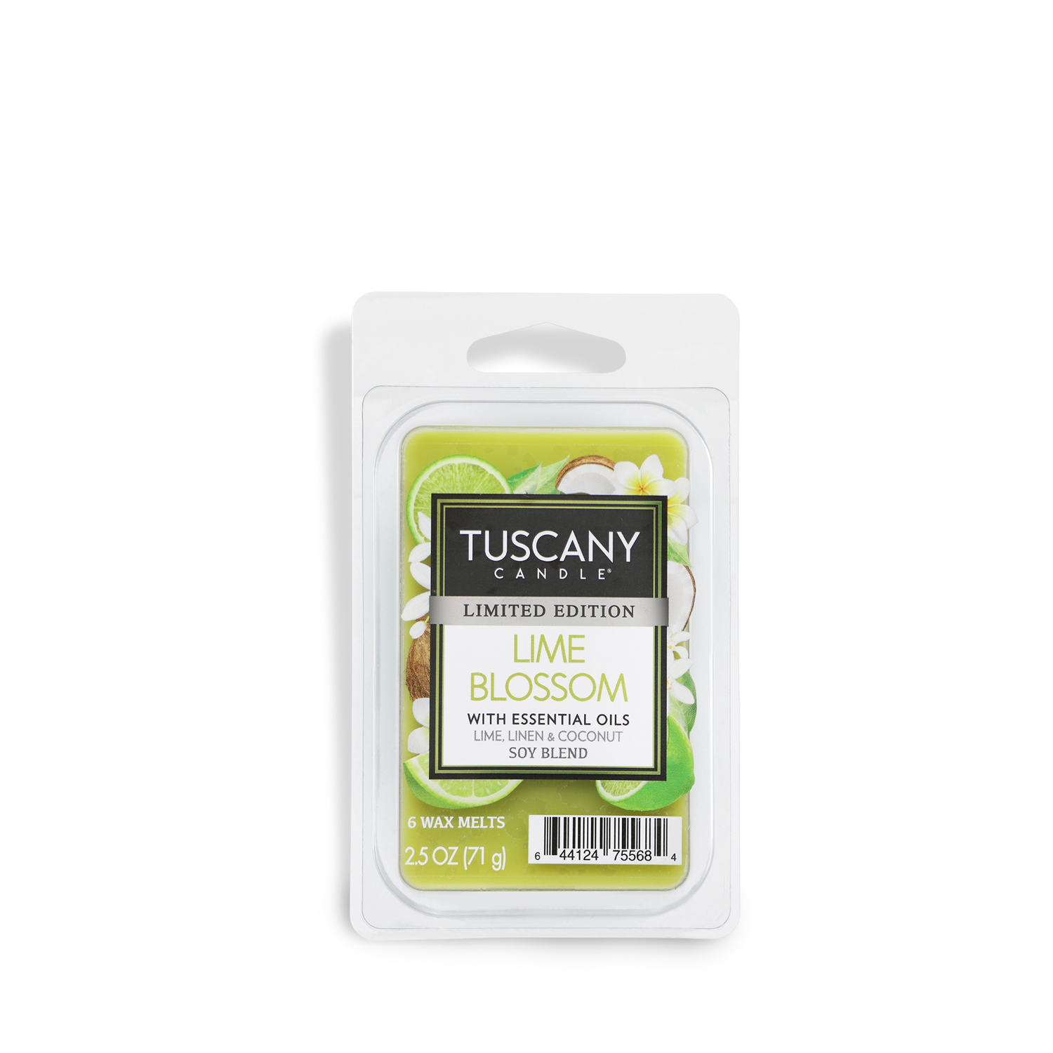 Tuscany Candle® SEASONAL Lime Blossom wax melts feature linen, lime, and coconut essential oils in 2.5 oz limited edition packaging.